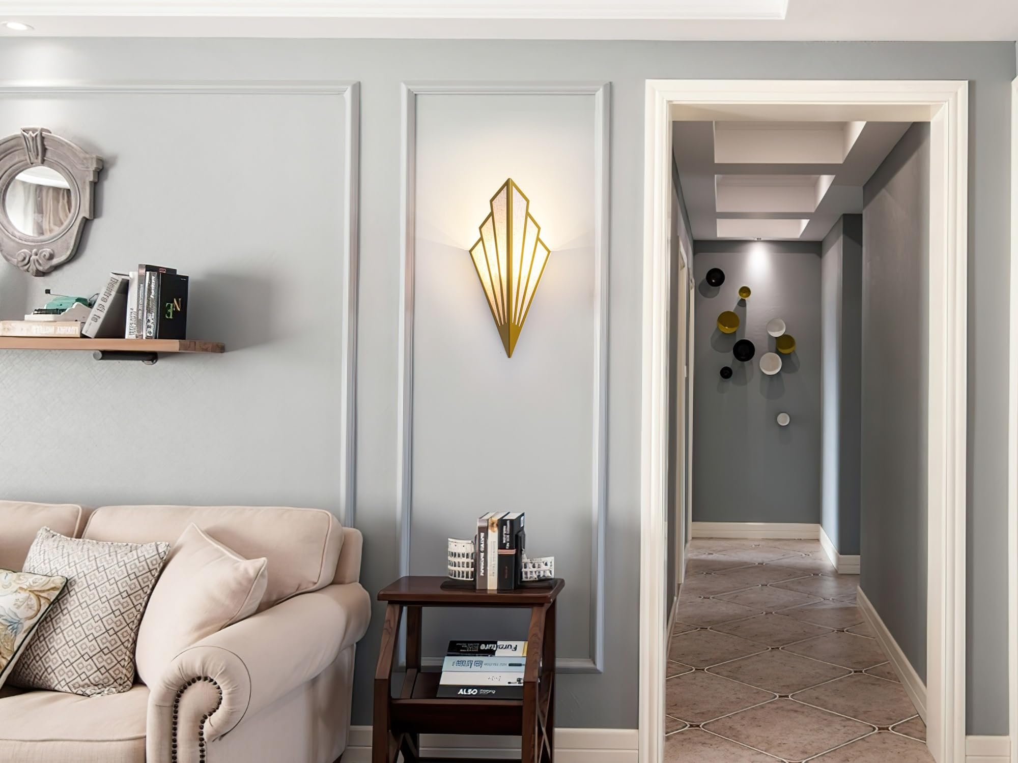 Battery Operated Wall Sconces Set of 2 - Wireless Remote Control Fabric Shade Triangle Wall Lights for Bedroom, Living Room, Bathroom & Hallway - Gold Finish - Perfect for Night Lights, Mood Lighting & Home Decor