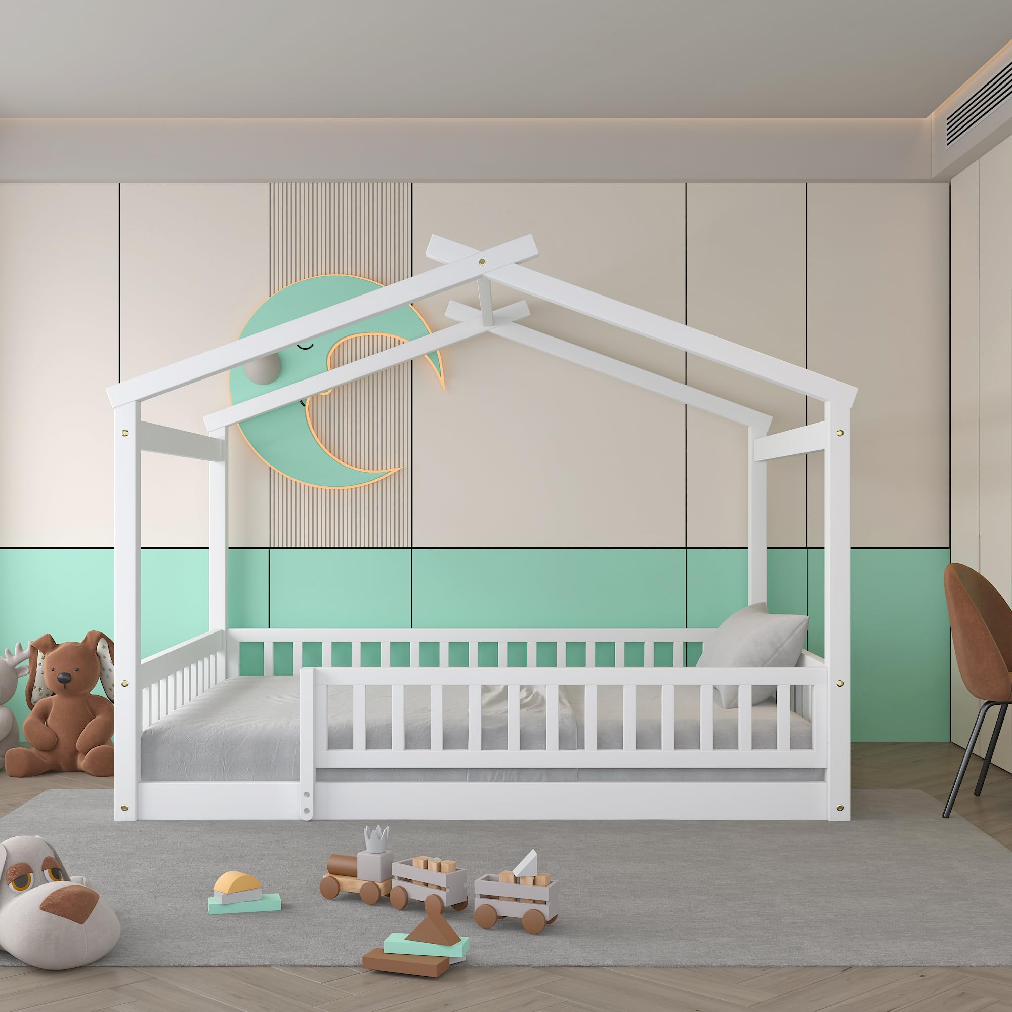 Montessori Floor Bed for Kids - Full Size Wooden House Bed Frame with Safety Fence | White Playhouse Bed for Toddlers & Children | Perfect for Montessori Bedrooms, Playrooms & Cozy Sleep Spaces