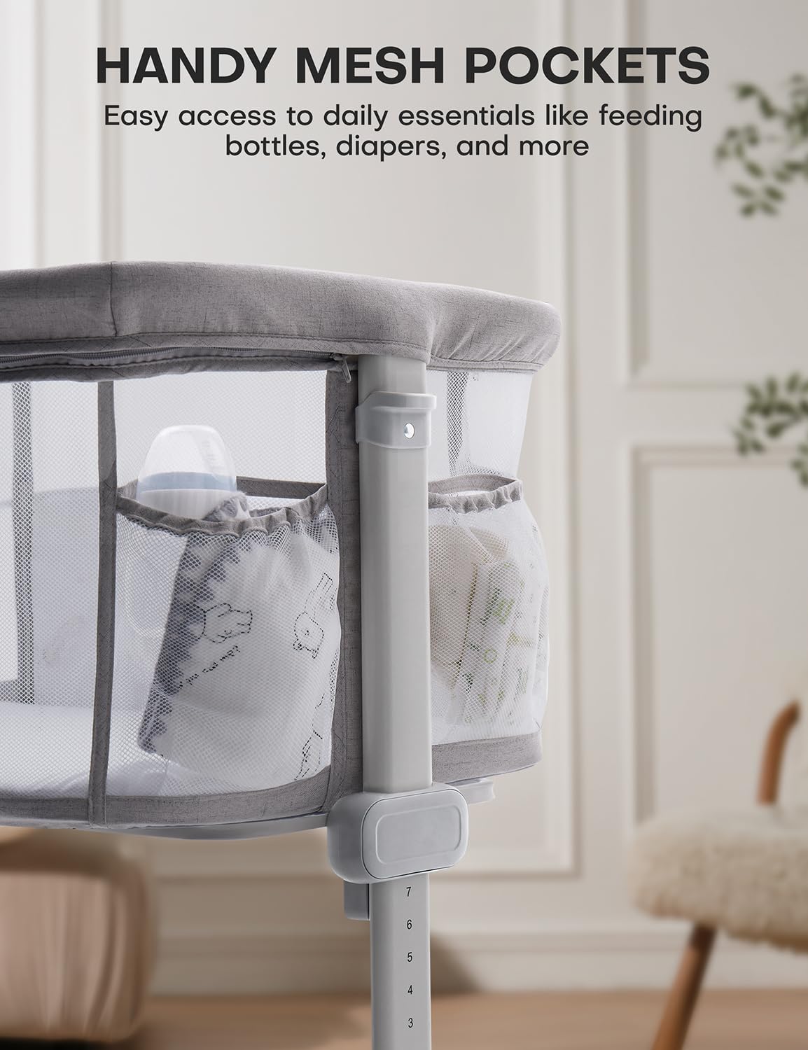 Besrey Baby Bassinet Bedside Sleeper – Breathable Mesh Crib for Newborns with Comfort Mattress, 7-Level Height Adjustment & 360° Swivel Wheels – Portable Infant Bed with Storage Pockets for Nursery, Bedroom, and Travel