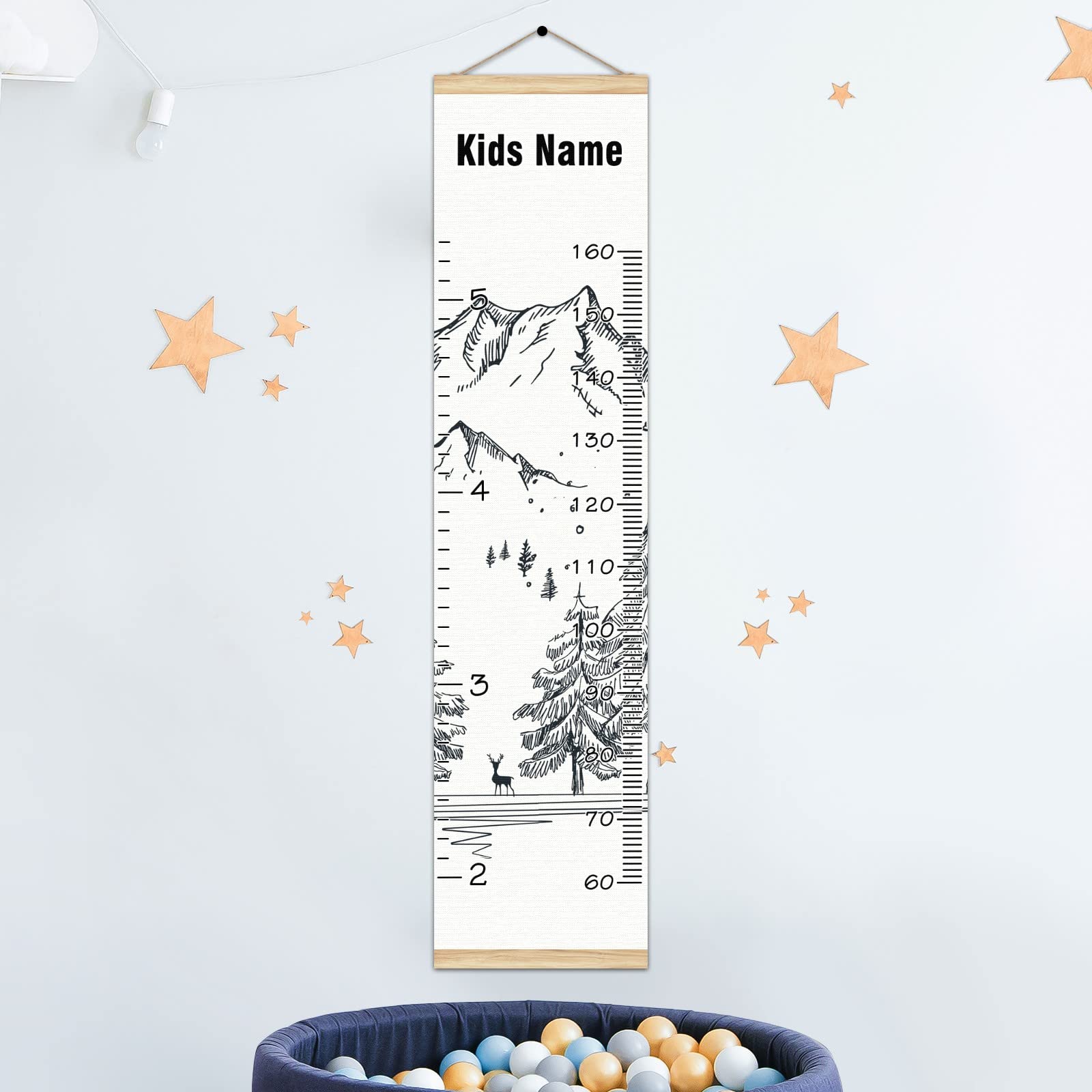 Personalized Kids Name Growth Chart Ruler - Wood Frame Wall Height Measure for Children 13.4x56 Inches - Linen Hanging Growth Tracker for Nursery, Bedroom & Playroom Decor - Perfect for Winter Mountain Themed Kids Rooms & Baby Shower Gifts