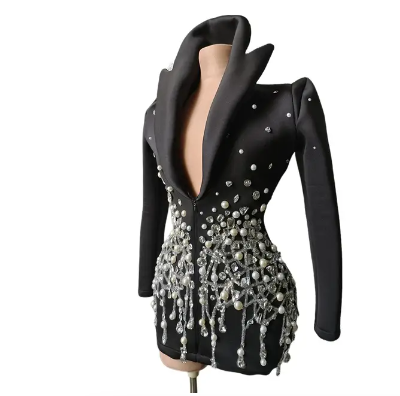 Sparkly Rhinestone Long Blazer Black Dress for Women - Elegant Party Gown, Stage Performance Outfit, Prom Night & Evening Wear