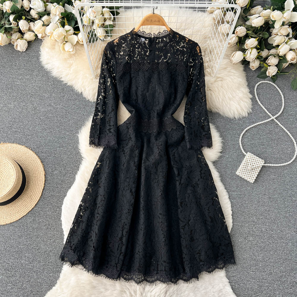 Elegant Hollow Autumn Dress for Women - A-Line Long Sleeve Flowy Skirt 1193 | Perfect for Fall Weddings, Office Wear & Seasonal Photoshoots