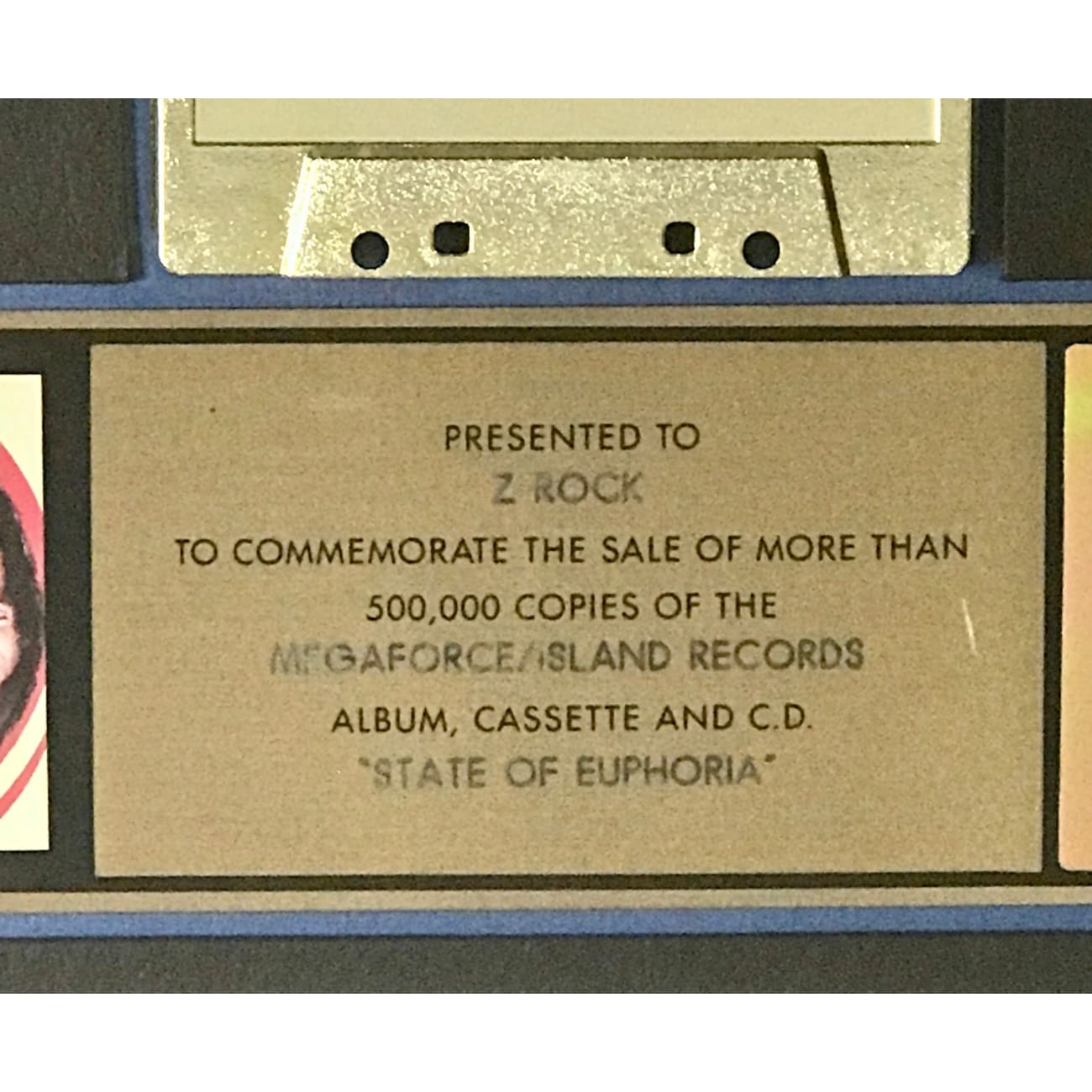 Anthrax State Of Euphoria RIAA Gold Album Award - Certified Music Collectible for Fans & Display