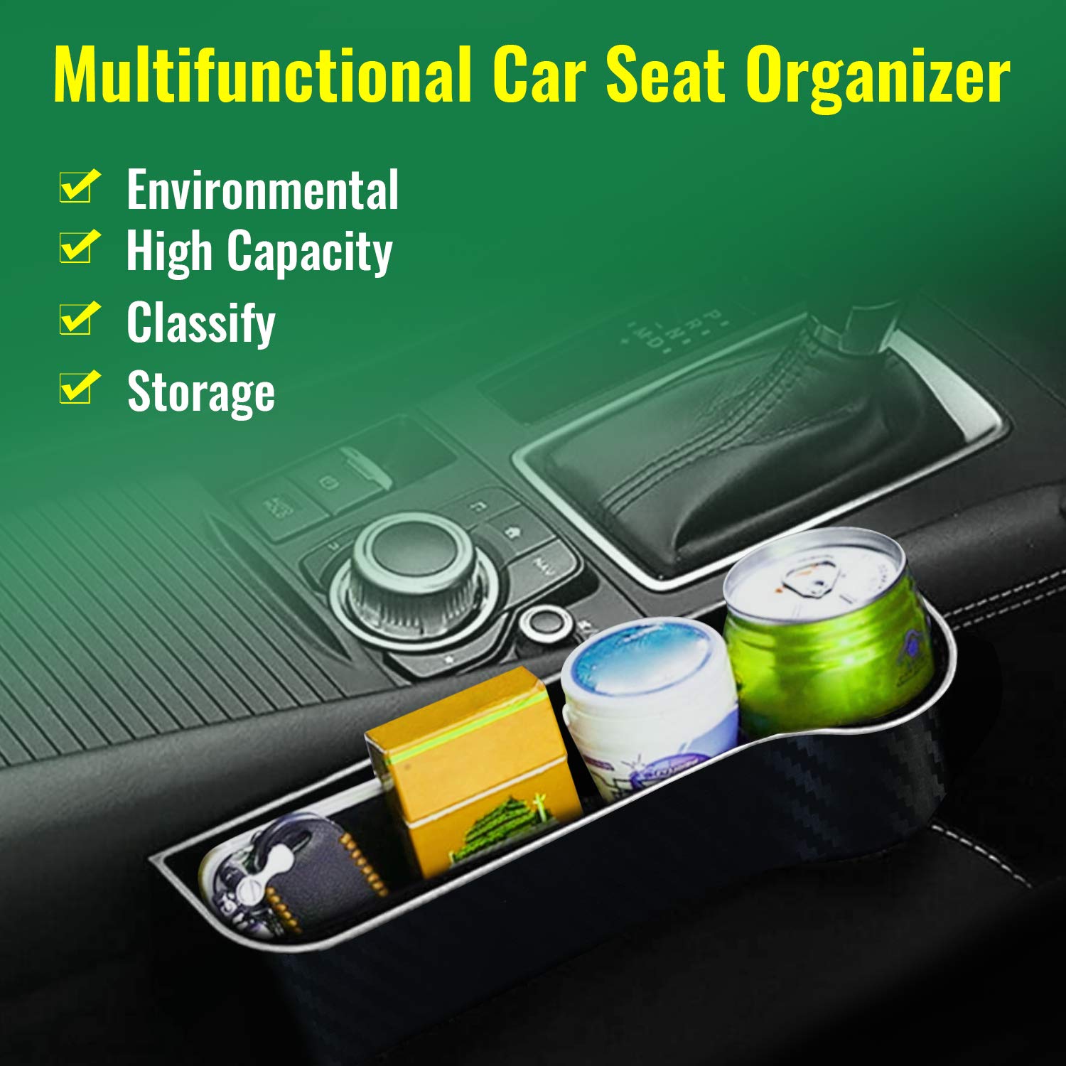 Premium Car Gap Filler Organizer Set of 2 - Carbon Fiber Storage Insert Between Console & Seats - Universal Vehicle Cup Holder Accessory - Perfect for Phones, Keys & Small Items While Driving