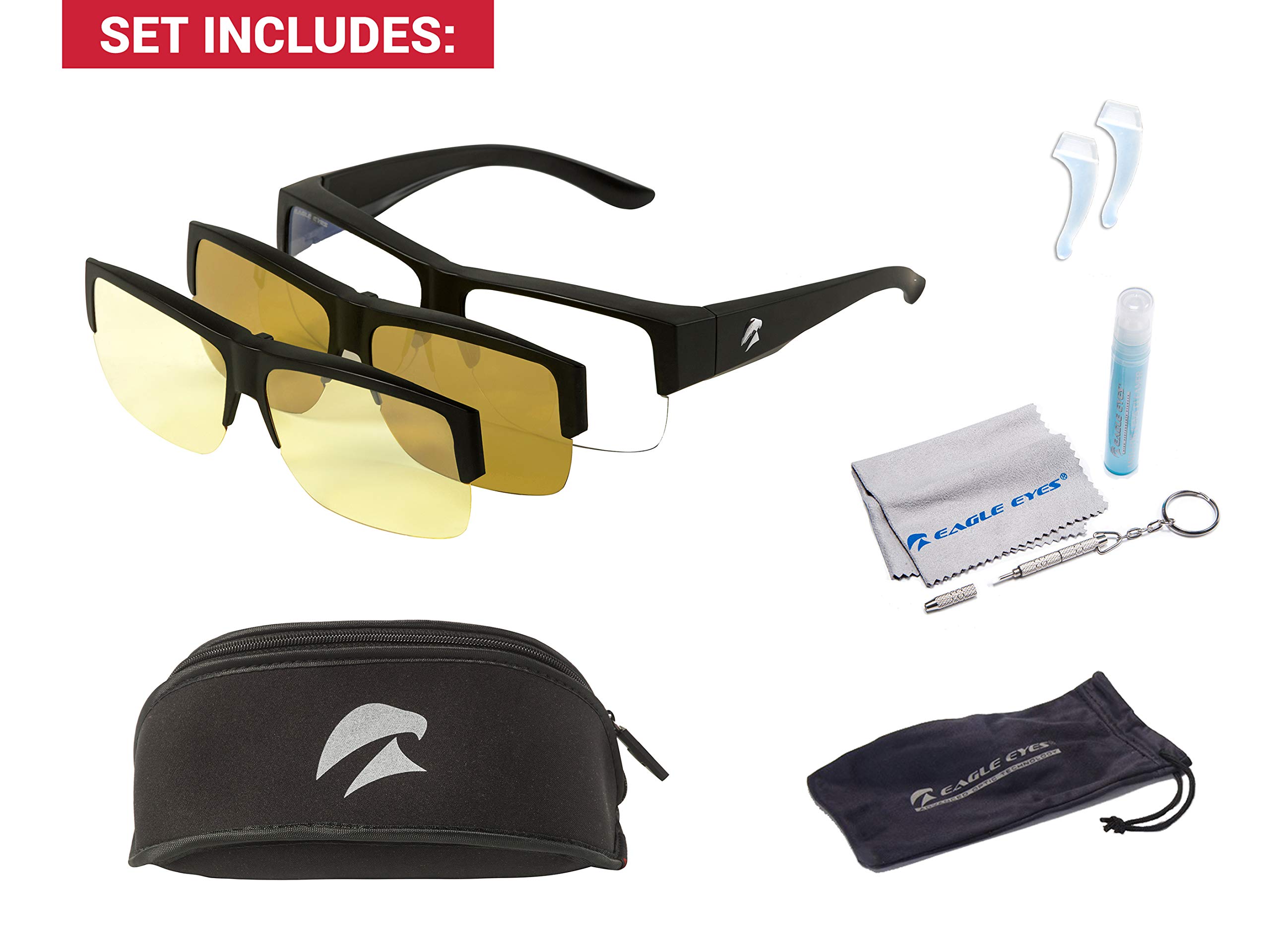 Eagle Eyes 3-in-1 Clip-On Glasses Kit with Day, Night & Digital Light Lenses - Perfect for Reading, Driving & Screen Use
