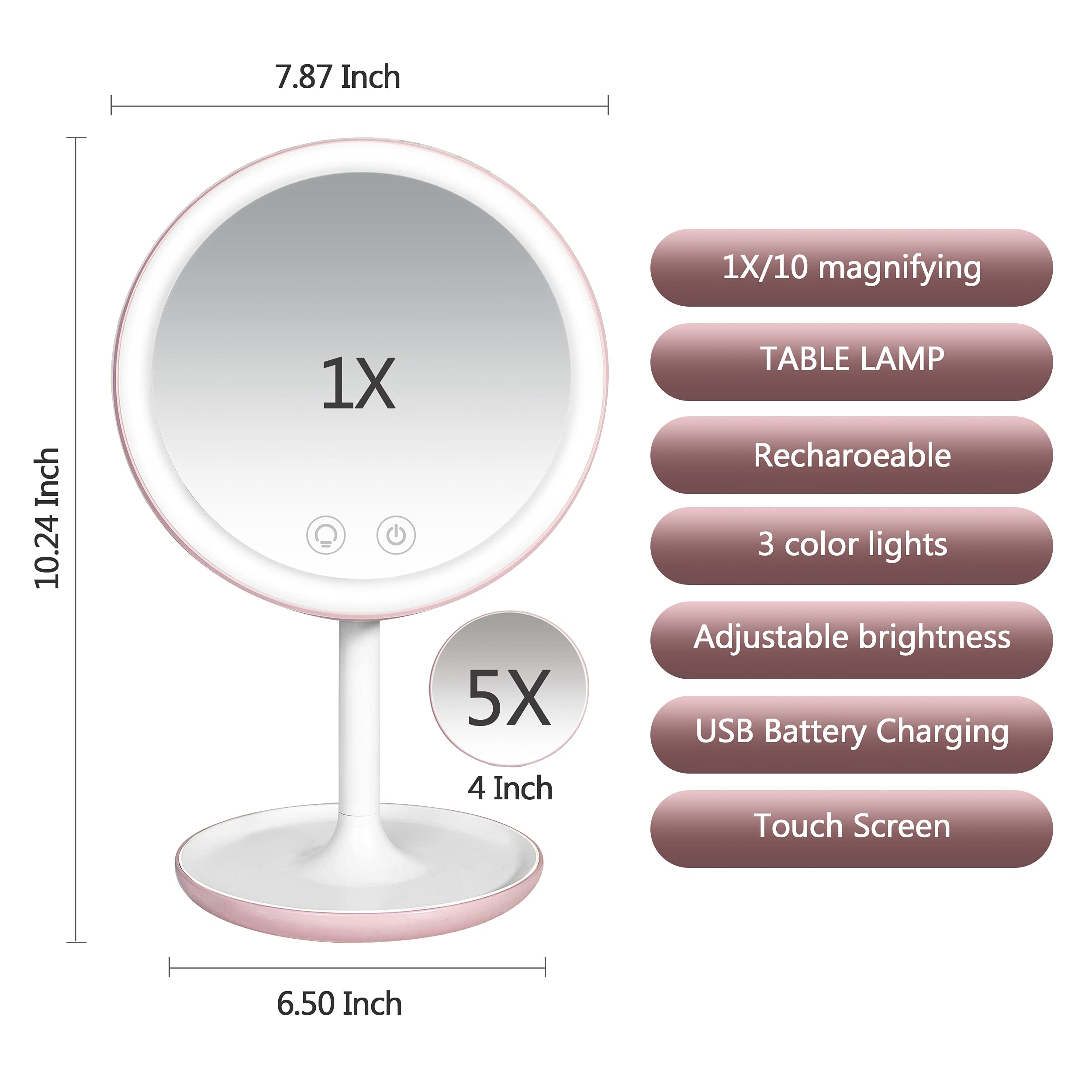 LED Makeup Mirror with Lights & 10X Magnification - Adjustable Brightness Vanity Mirror with Stand, USB Charging, for Home, Bathroom & Dressing Table - Perfect for Makeup, Skincare & Grooming
