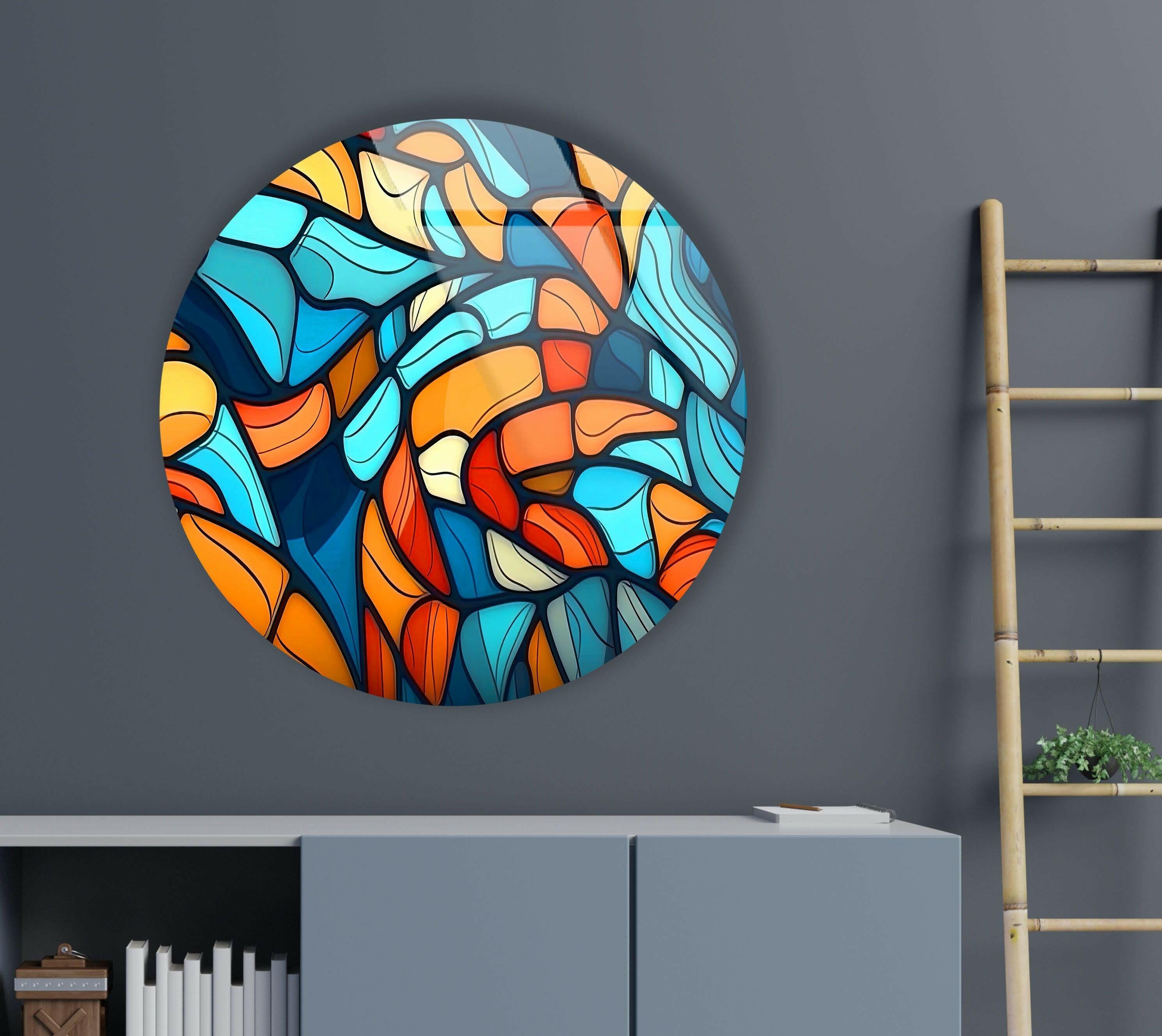 Vibrant Blue & Orange Mosaic Round Glass Wall Art - Handmade Decorative Mirror for Living Room, Bedroom, or Bathroom Décor