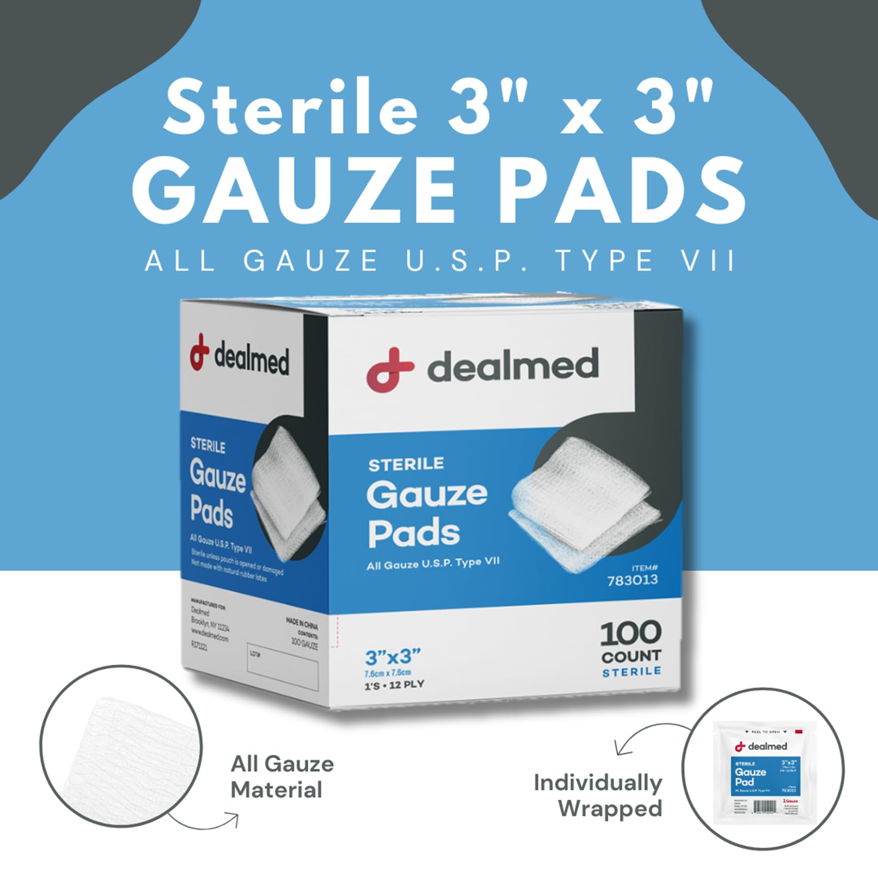 Dealmed 3x3 Inch Sterile Gauze Pads - 100 Count Individually Wrapped Medical Wound Dressing for First Aid, Emergency Care & Hospitals | Perfect for Cuts, Burns, Surgical Wounds & First Aid Kits (24-Pack Case)