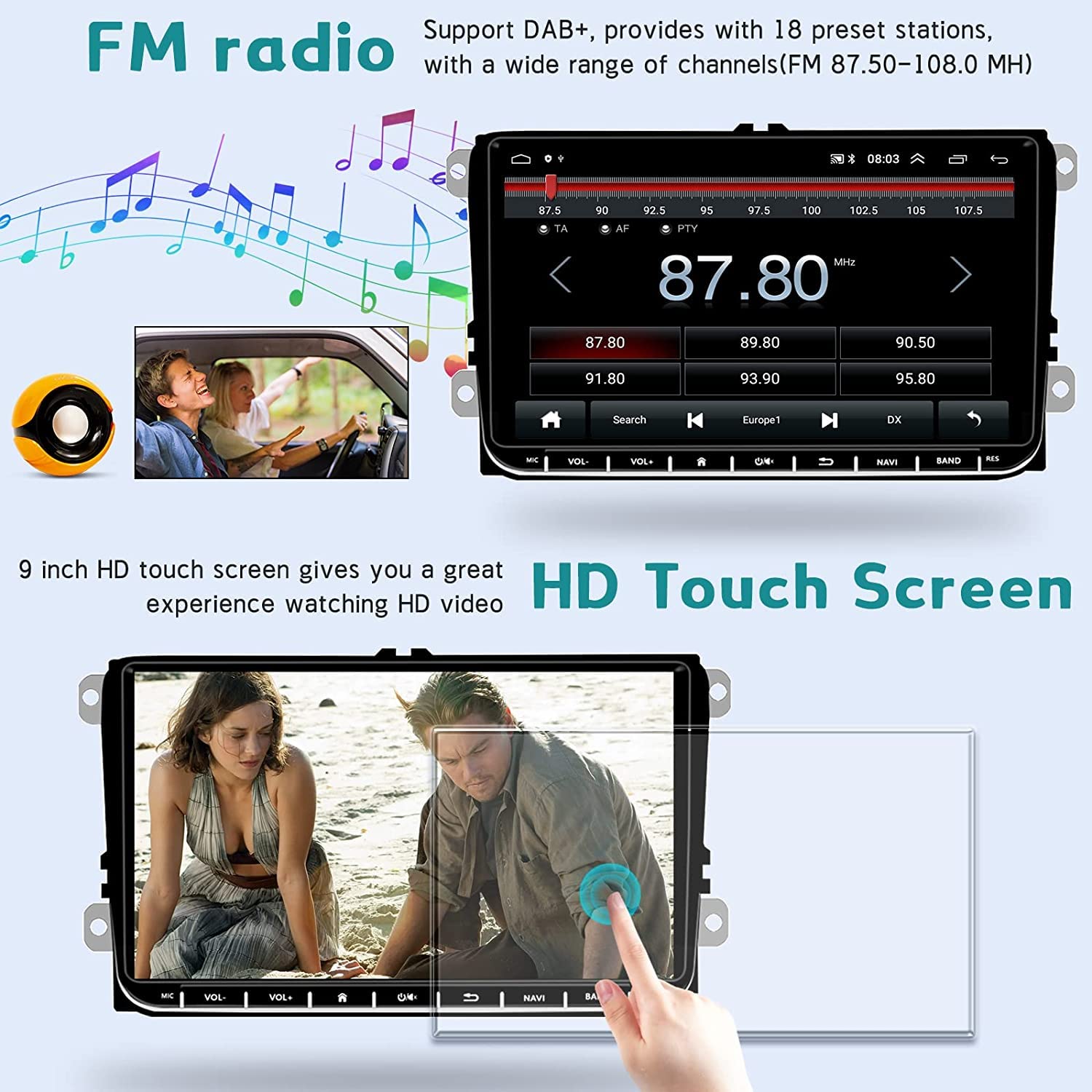 SIXWIN 2GB RAM 64GB ROM Android 13 Double Din Car Stereo for VW Volkswagen Seat Golf Passat Jetta Tiguan Touran - Wireless CarPlay Android Auto Bluetooth GPS Navigation WiFi FM HiFi Backup Camera MIC | In-Car Entertainment System for Road Trips & Daily Commute