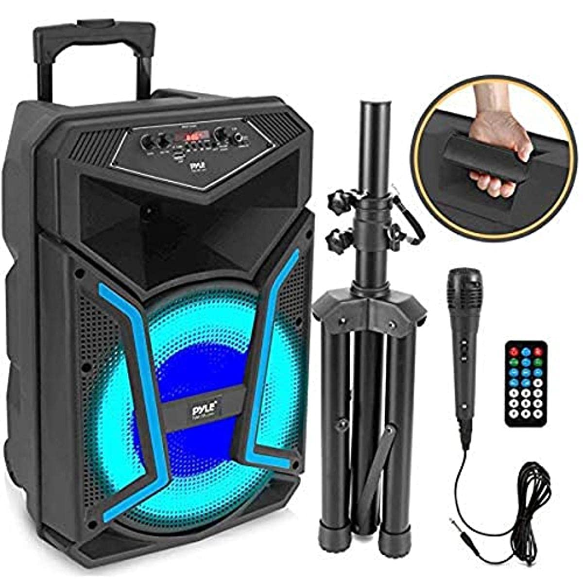 Pyle Portable Bluetooth PA Speaker System - 800W High Power Outdoor Bluetooth Speaker with Microphone Input, Party Lights, MP3/USB/SD Card Reader, FM Radio & Wheels - Perfect for Outdoor Parties, Events & DJ Performances (Model: PPHP122SM.5)