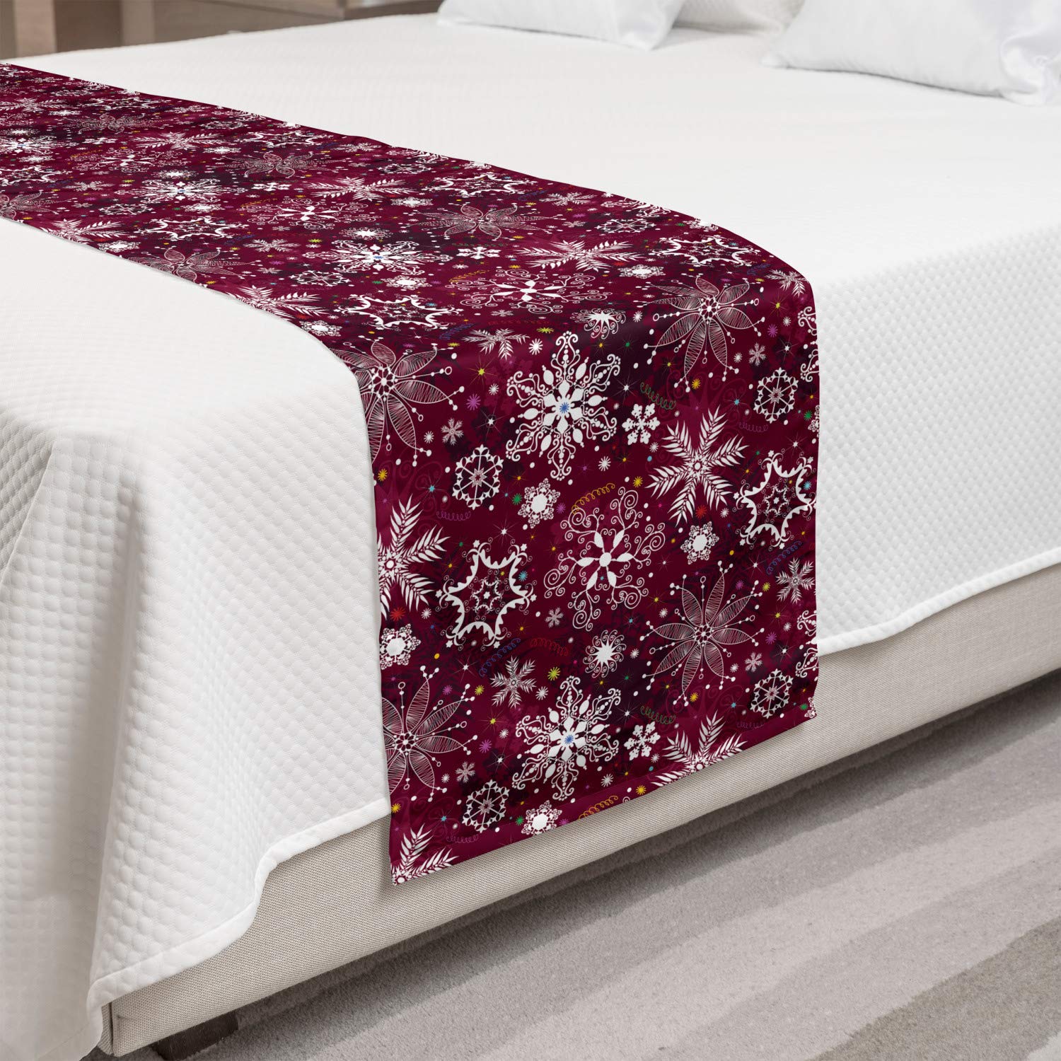 Ambesonne Winter Bed Runner - Floral Flakes with Colorful Swirls Dots & Stars Christmas Party Decorative Accent Bedding Scarf - Maroon White Multicolor - Perfect for Hotels, Homes & Guestrooms Holiday Decor