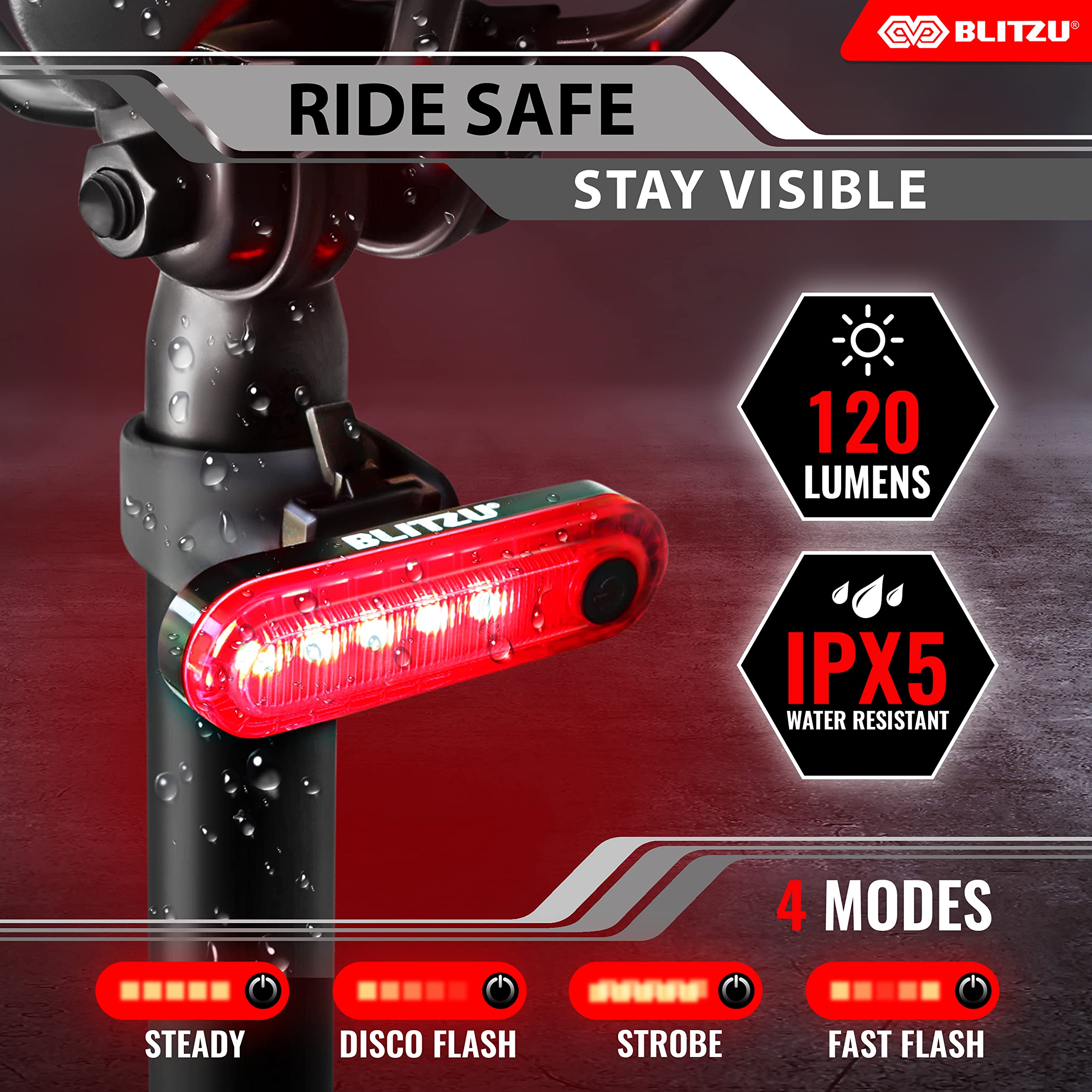 BLITZU Ultra Bright USB-C Rechargeable Bike Light Set - 1200 Lumen Waterproof Bicycle Headlight & Taillight Combo for Night Riding - Easy Install Cycling Safety Lights for Road/Mountain Bikes - Perfect for Commuting, Trail Adventures & Family Cycling
