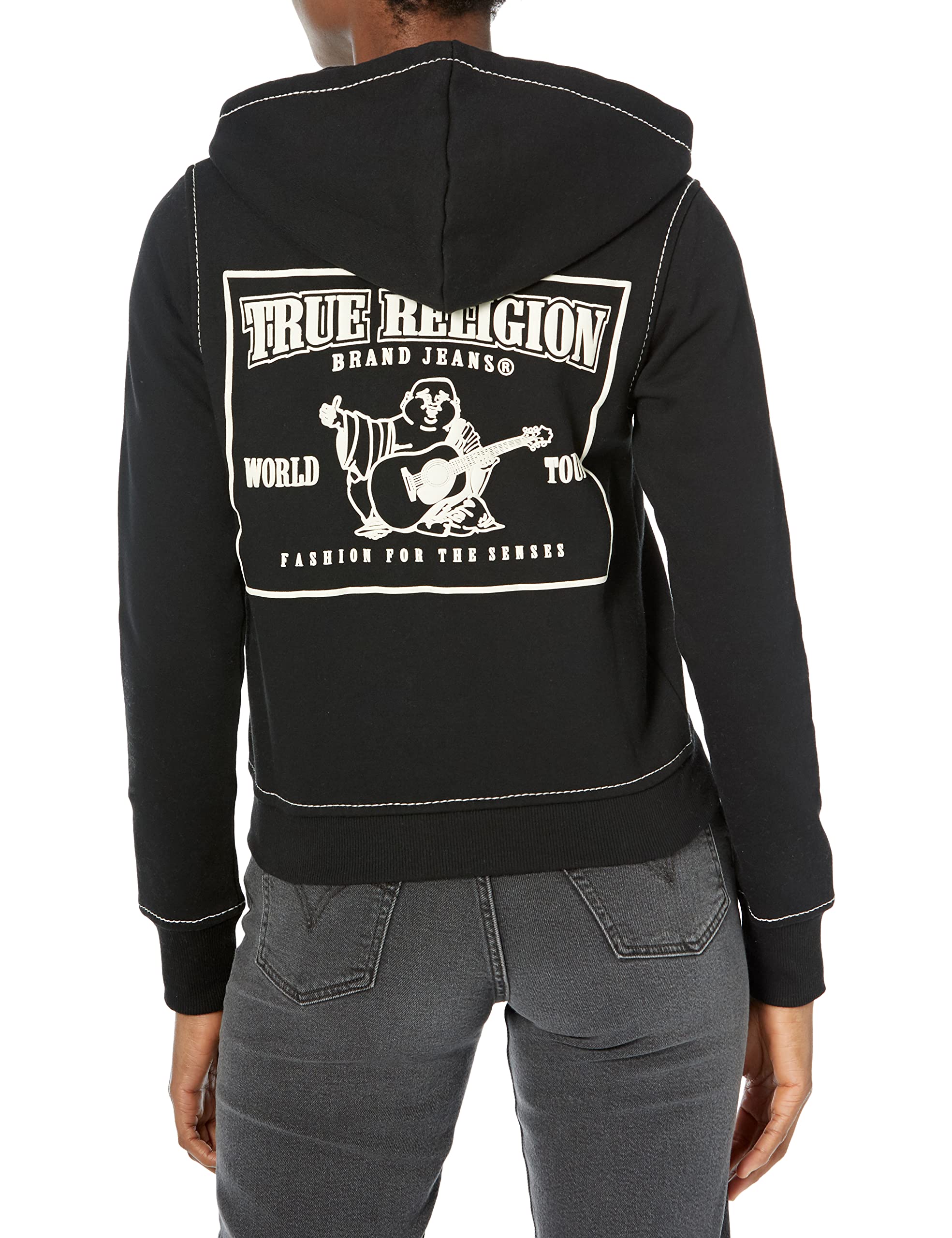 True Religion Women's Big T Classic Zip Hoodie - Soft Fleece Pullover with Front Pockets for Casual Wear & Lounge Outfits