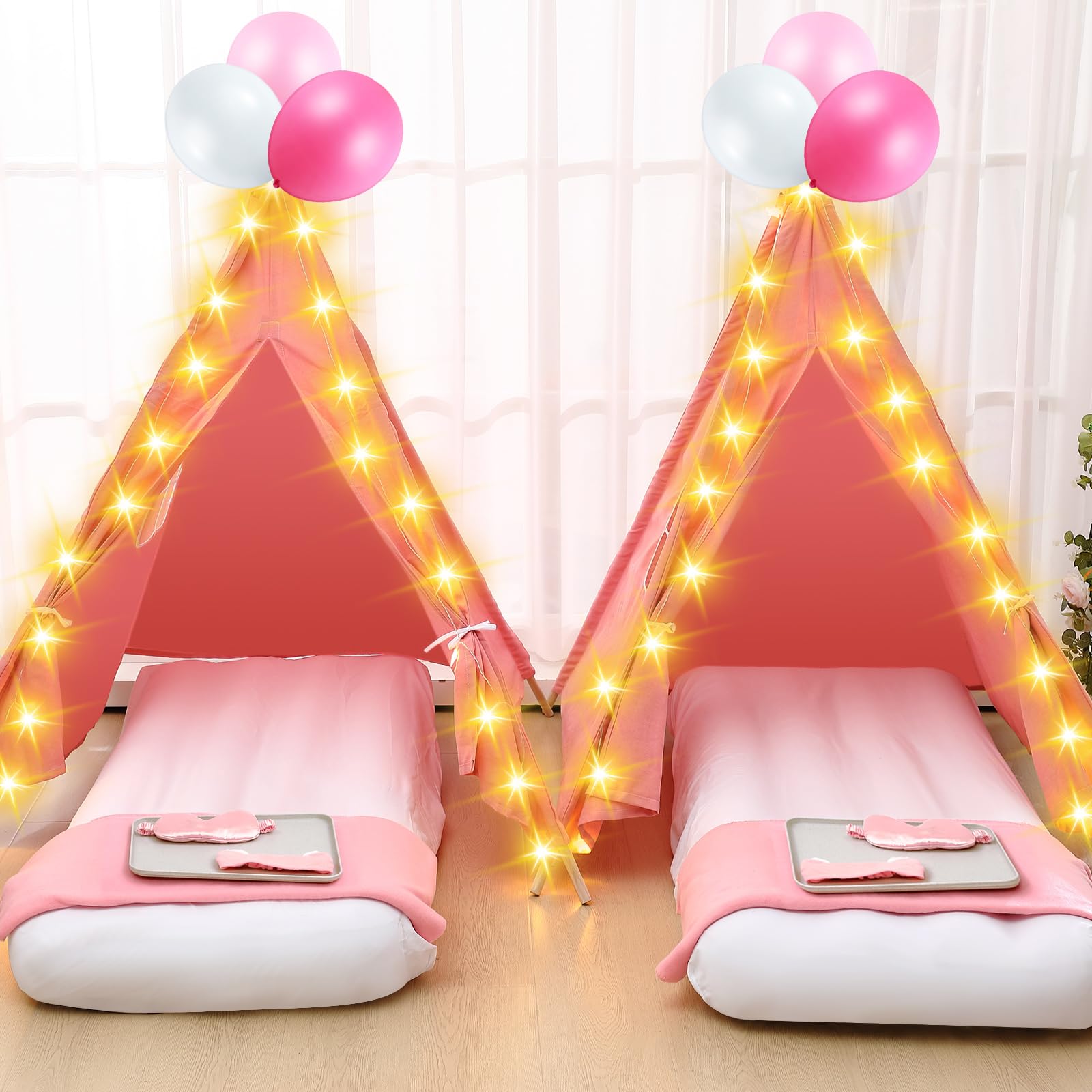 Windyun 6 Pack Kids Teepee Tent Set with LED Lights & Inflatable Air Mattress - 100% Natural Cotton Washable Play Tent for Boys & Girls - Perfect for Indoor Outdoor Playdates, Slumber Parties & Birthday Gifts (Pink)