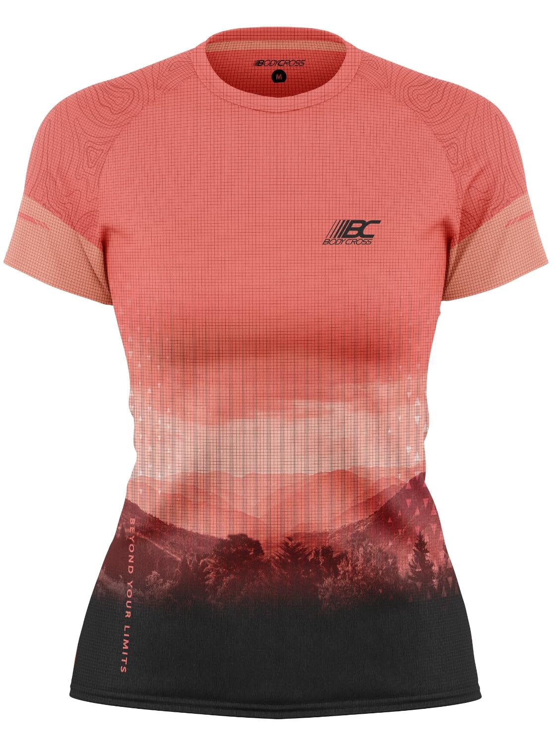BODYCROSS Women's Running T-Shirt - Cleore Coral - Lightweight Waffle Polyester Fabric for Running, Training & Trail - Sublimation Print - Perfect for Gym, Jogging & Outdoor Sports