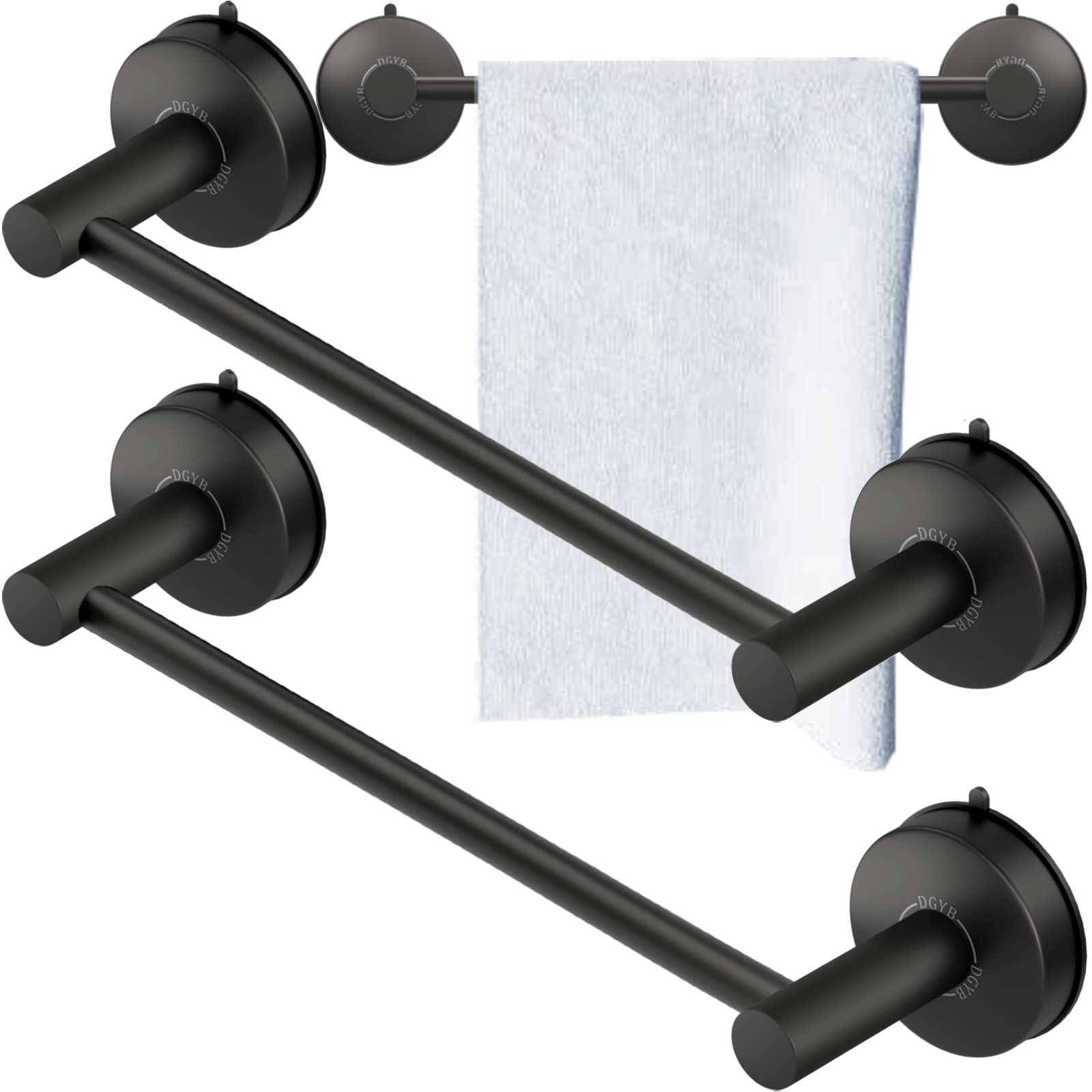 17 Inch Matte Black Stainless Steel Suction Cup Towel Bar Set of 2 - Bathroom & Kitchen Wall Mounted Towel Holder Rack for Showers, Sinks, and Countertops