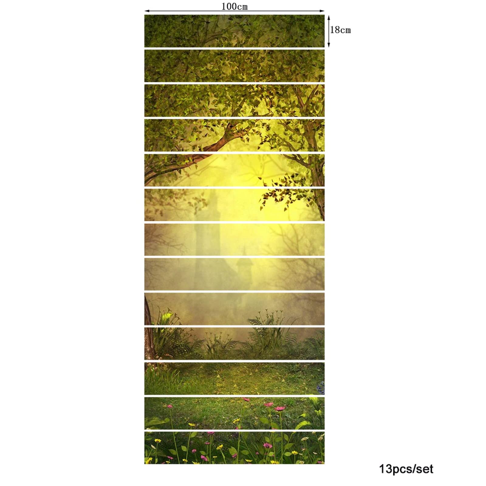 A.Monamour 3D Self-Adhesive Removable Stair Stickers - Fairy Forest with Old Trees & Enchanted Castle Vinyl Decals for Stair Risers, Kitchen Tiles, Wall Murals (13-Piece Set) - Perfect for Home Decor, Nursery, and DIY Interior Design Projects
