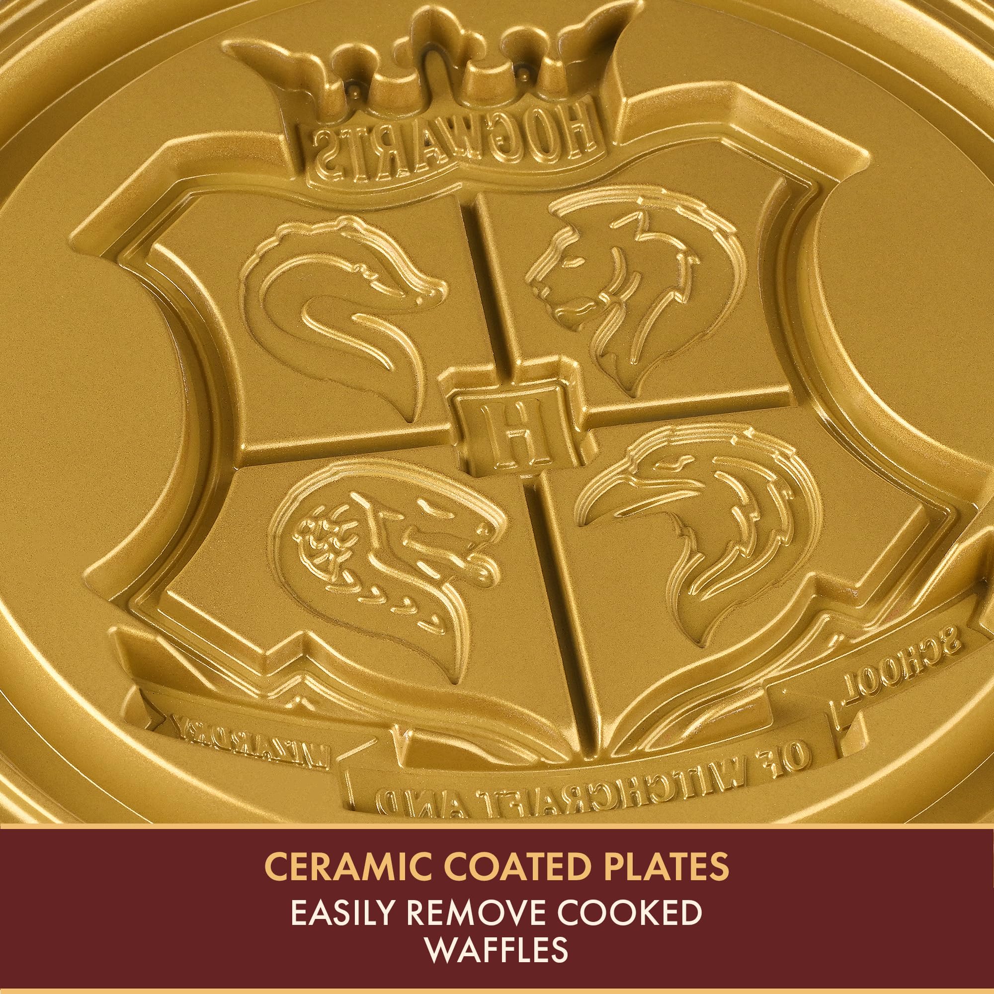 Warner Brothers Harry Potter Round Waffle Maker - Ceramic Non-Stick Plates - Imprints Hogwarts Crest - Black & Gold WBH-250WM - Perfect for Breakfast, Party Snacks & Harry Potter Themed Events