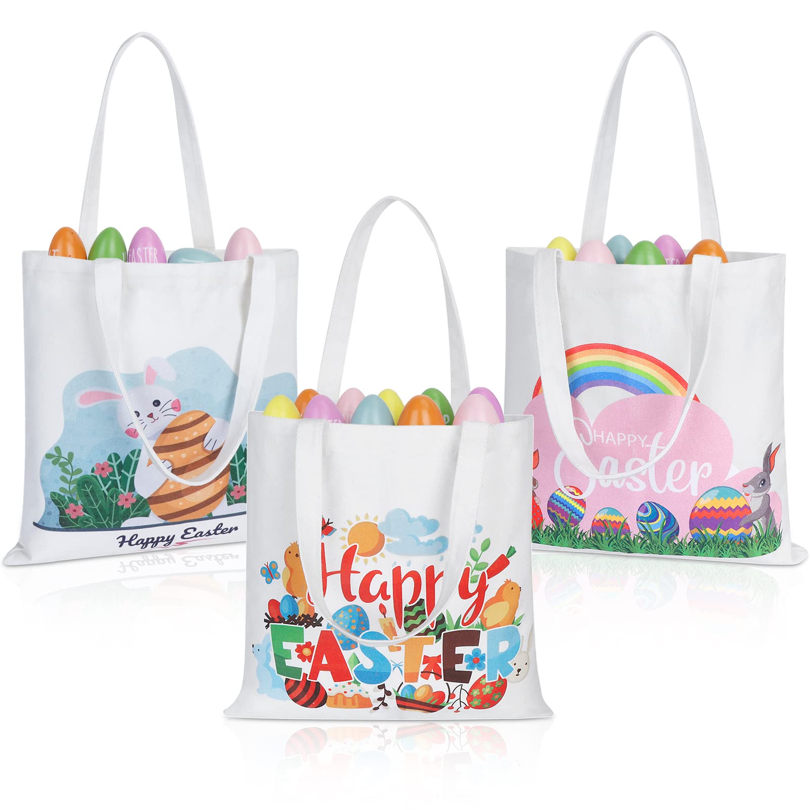 AKEROCK 3-Piece Easter Tote Bags with Handles - Large Reusable Canvas Easter Baskets for Kids Egg Hunt, Easter Party Favors & Spring Gift Baskets