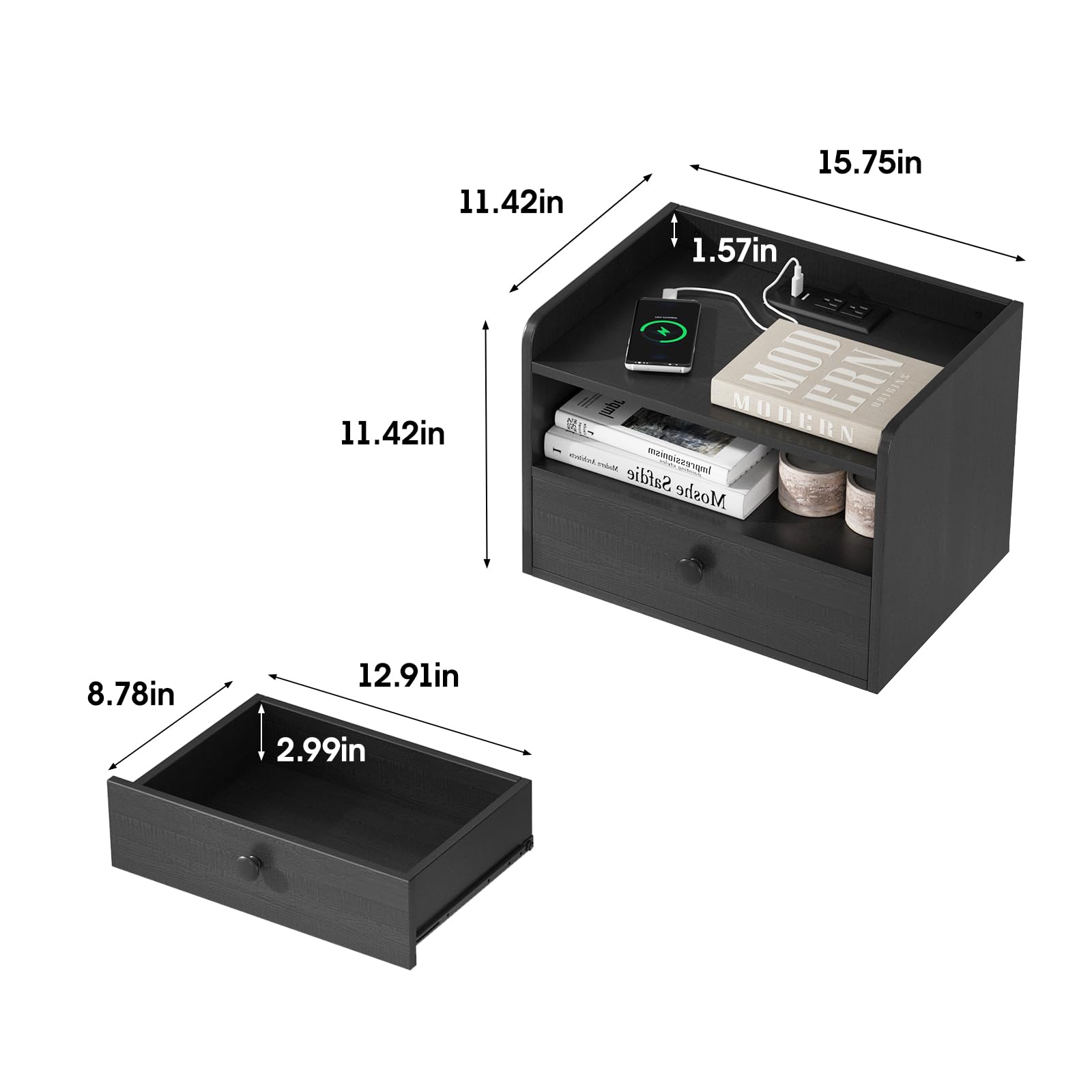 Modern Floating Nightstand Set of 2 - Wall Mounted Bedside Tables with Drawer & Open Shelf, USB Charging Station - Space Saving Night Stands for Small Bedroom, Apartment, Dorm (Black) - Perfect for Minimalist Home Decor & Compact Living Spaces