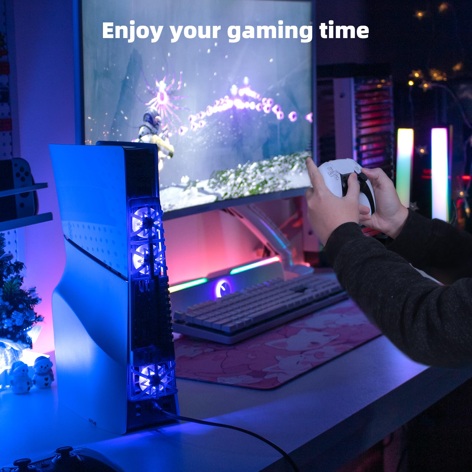 NANANINO PS5 Slim Cooling Fan with RGB Lighting & USB 3.0 Port - Compatible with PlayStation 5 Slim Disc/Digital Edition (Not for PS5 Pro) | Prevent Overheating for Extended Gaming Sessions & Improve Console Performance