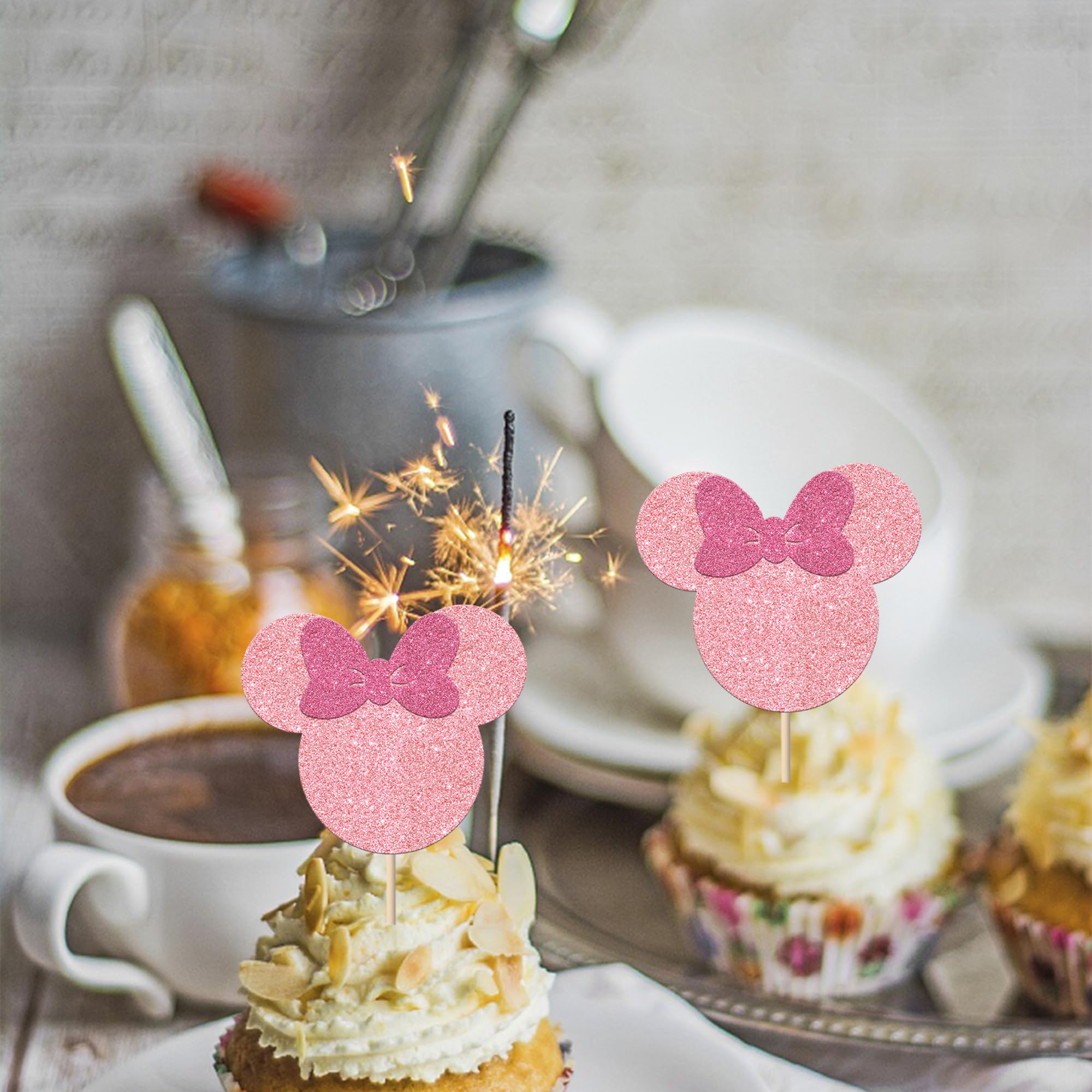 36 Pack Glitter Mouse Cupcake Toppers with Pink Bows - Baby Shower, Wedding & Kids Birthday Party Cake Decorations | Adorable Pink Mouse Picks for Dessert Table, Cupcake Display & Celebration Cakes