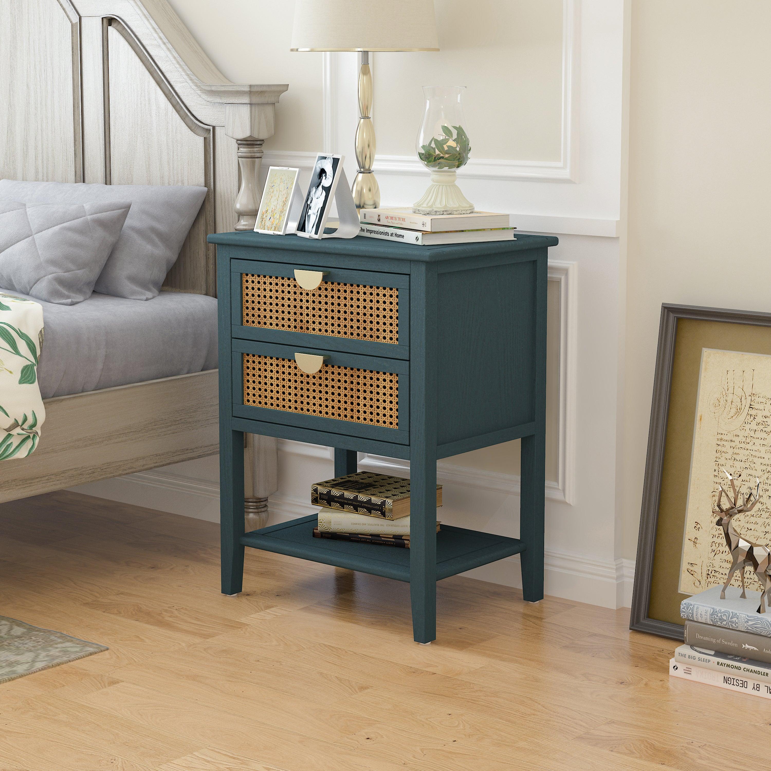 2 Drawer Rattan Side Table - Natural Woven End Table for Bedroom, Living Room, Study | Nightstand, Sofa Accent, Coffee Table Companion