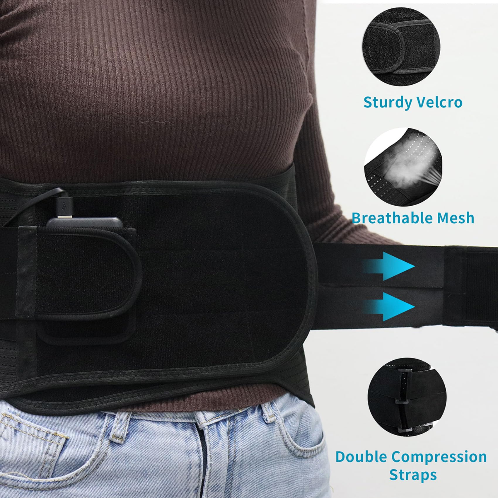 Rechargeable Heated Back Brace for Lower Back Pain Relief - Breathable Lumbar Support Belt with Heating Pad for Herniated Disc & Sciatica - Adjustable Back Support for Men & Women (XL) - Perfect for Office Work, Driving & Post-Surgery Recovery