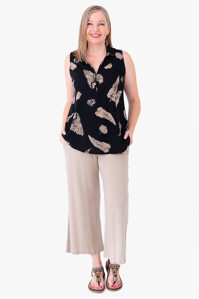 Breathable Hula Tank Top - Shadow Leaf Print, Soft Linen Bamboo Blend for Women - Perfect for Yoga, Beach & Summer Outfits