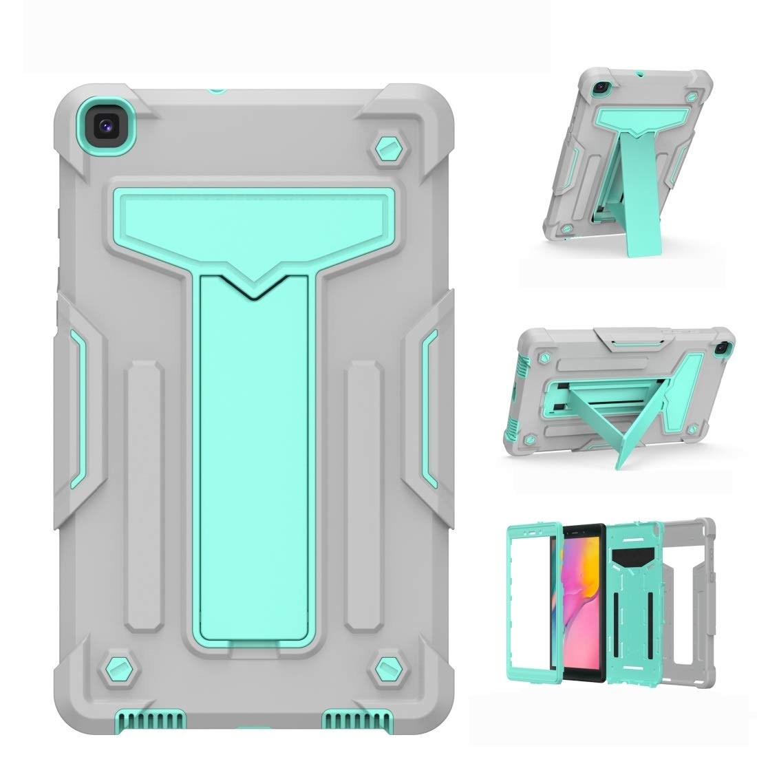 Samsung Galaxy Tab A8.0 (2019) T290 Shockproof Case - Durable PC + Silicone Hybrid Protective Cover with T-Shaped Bracket, Grey & Mint Green - Perfect for Travel, School & Everyday Use