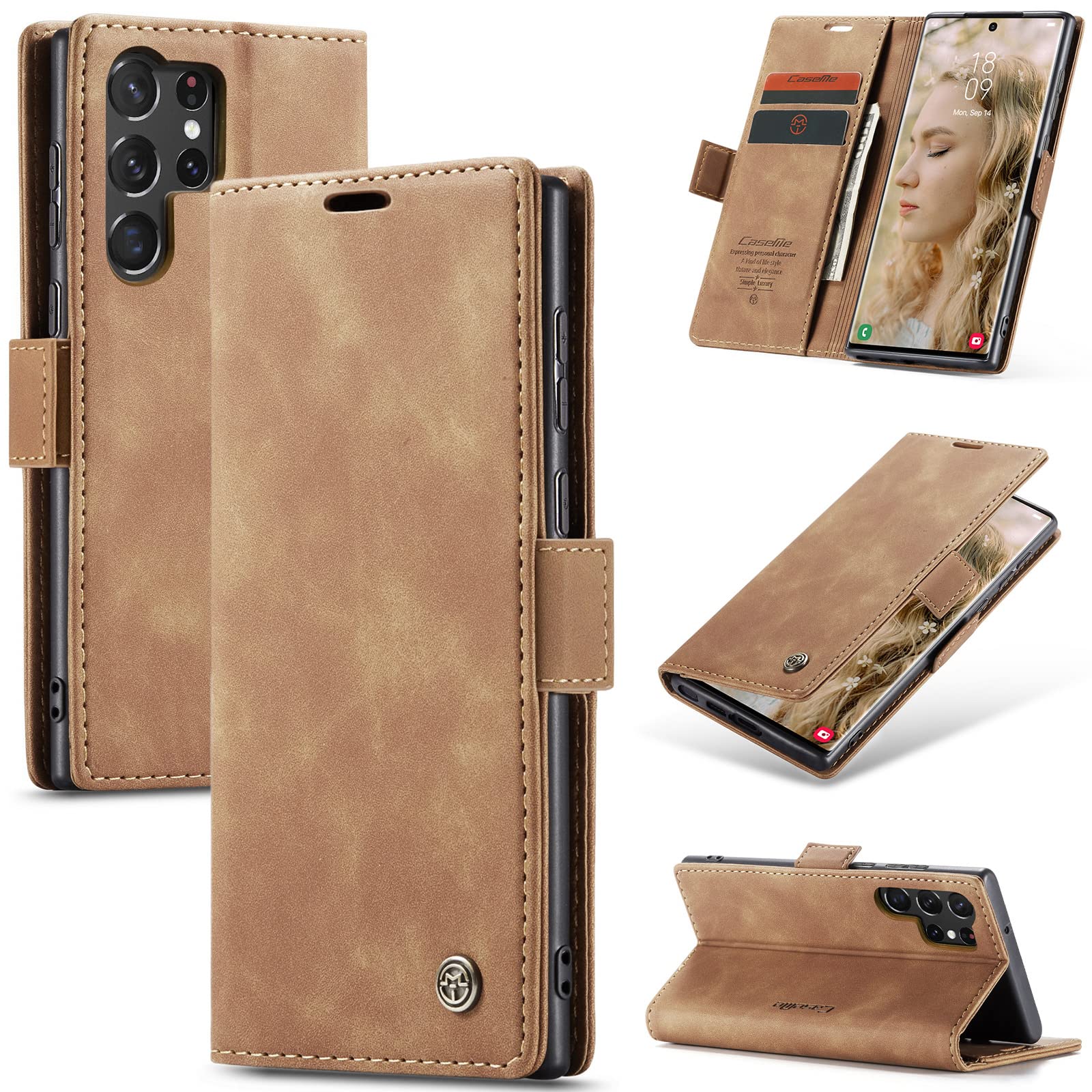 Premium PU Leather Wallet Case for Samsung Galaxy S22 Ultra 5G - Vintage Matte Flip Cover with Card Slots, Magnetic Closure & Stand Function | Shockproof Full Protection | Brown | Perfect for Business, Travel & Everyday Use