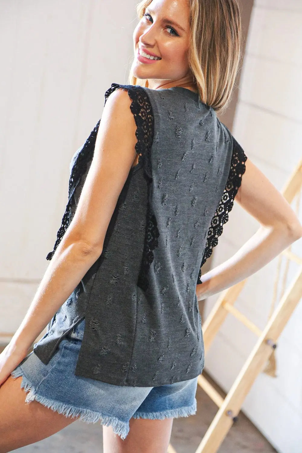 Distressed Charcoal Crochet Lace Sleeveless Top for Women - Boho Chic Summer Beach Outfit, Casual Date Night Blouse, Festival Fashion Top