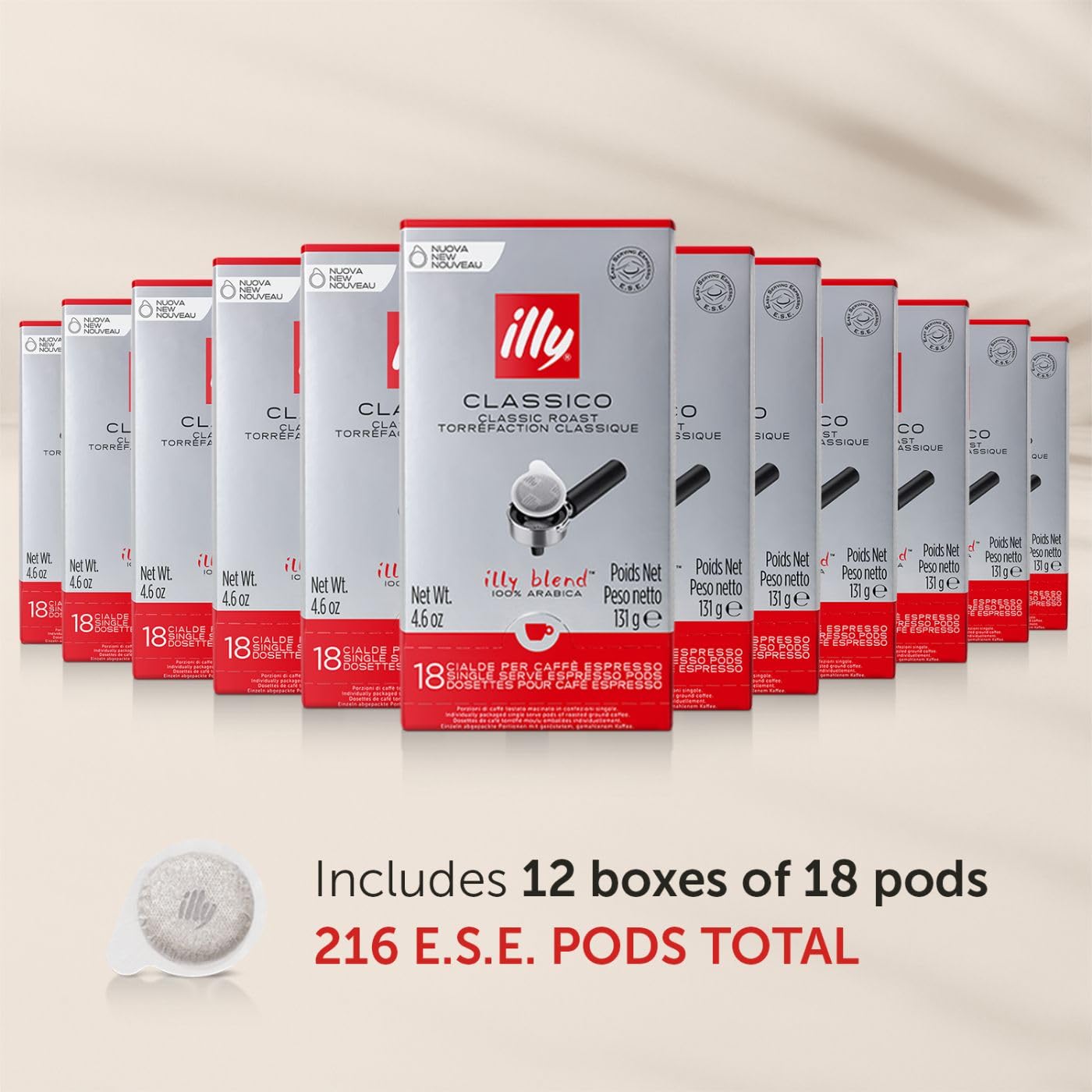 Illy E.S.E. Coffee Pods - Classico Medium Roast Single-Serve Capsules with Chocolate & Caramel Notes (18 Count, 12 Pack) - Compatible with E.S.E Coffee Machines - Perfect for Home, Office or Gifts - Rich Aroma & Full Body Espresso Experience