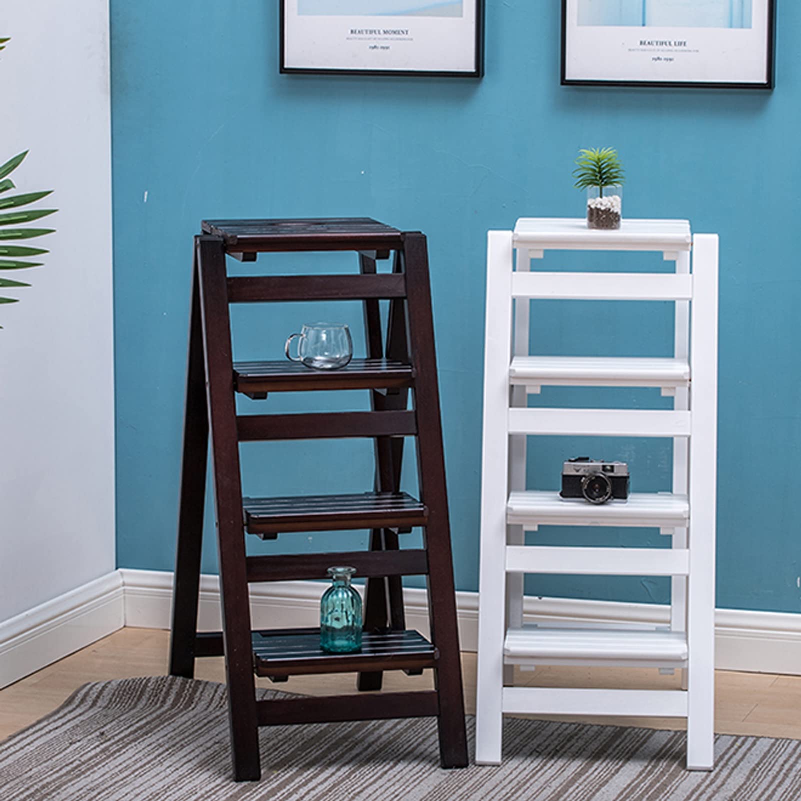 4-Step Folding Wooden Step Stool with Handrail - Multi-Functional Ladder Stool for Kitchen, Office & Library - Walnut Black Finish - Space Saving Home Organization Solution