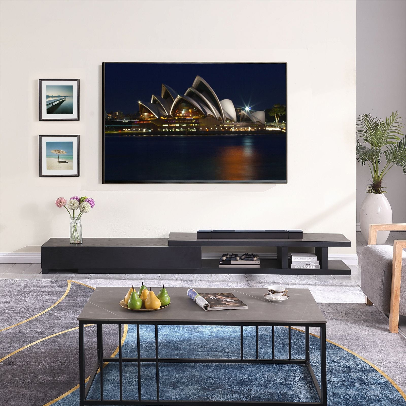 Criterion Coventry Extendable TV Stand 279cm - Black Oak Entertainment Center for Living Room, Home Theater & Media Storage