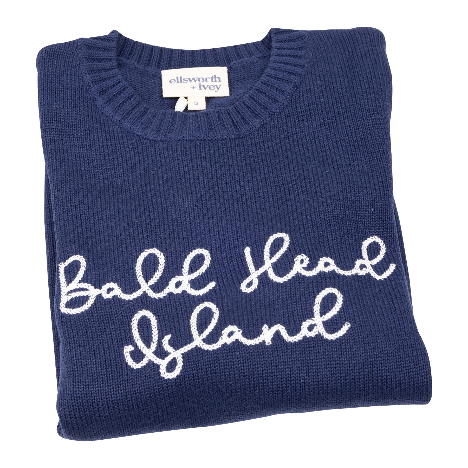 BHB x Ellsworth & Ivey Women's Bald Head Island Script Knit Sweater - Navy Blue Casual Pullover for Fall & Winter | Cozy Lounge Wear, Weekend Outfits, Beach Vacation Style