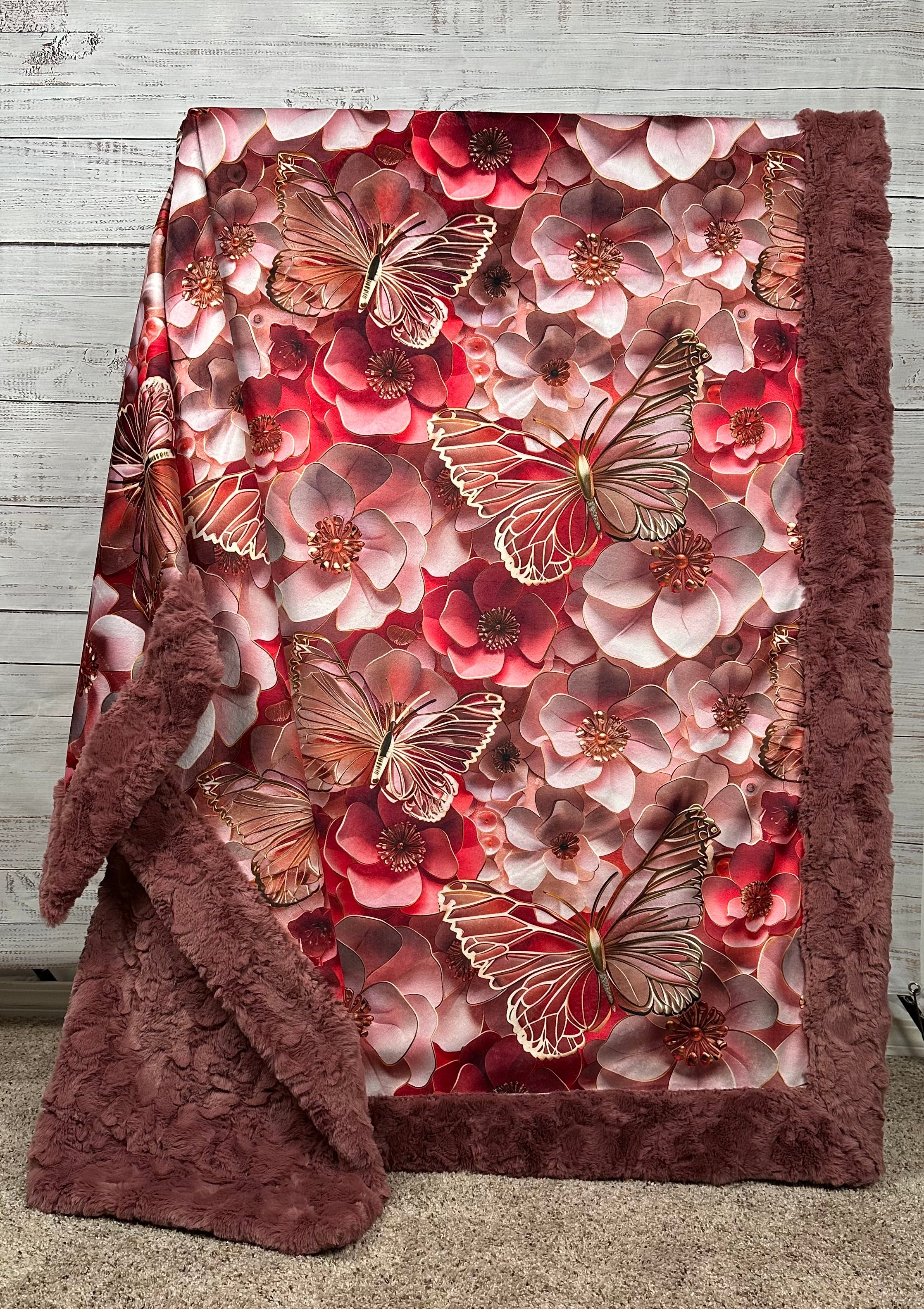 Golden Butterflies & Coral Flowers Rose Luxe Large 53x79 Minky Blanket - Soft Plush Throw for Bedroom, Couch & Nursery Decor