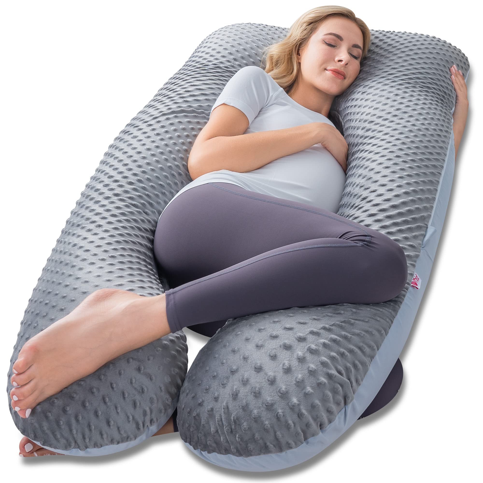Meiz Pregnancy Pillow for Sleeping - Maternity Body Pillow with Cooling Jersey & Velvet Cover (Grey & Blue) - Support for Back, Hips & Belly - Perfect for Pregnant Women & Side Sleepers