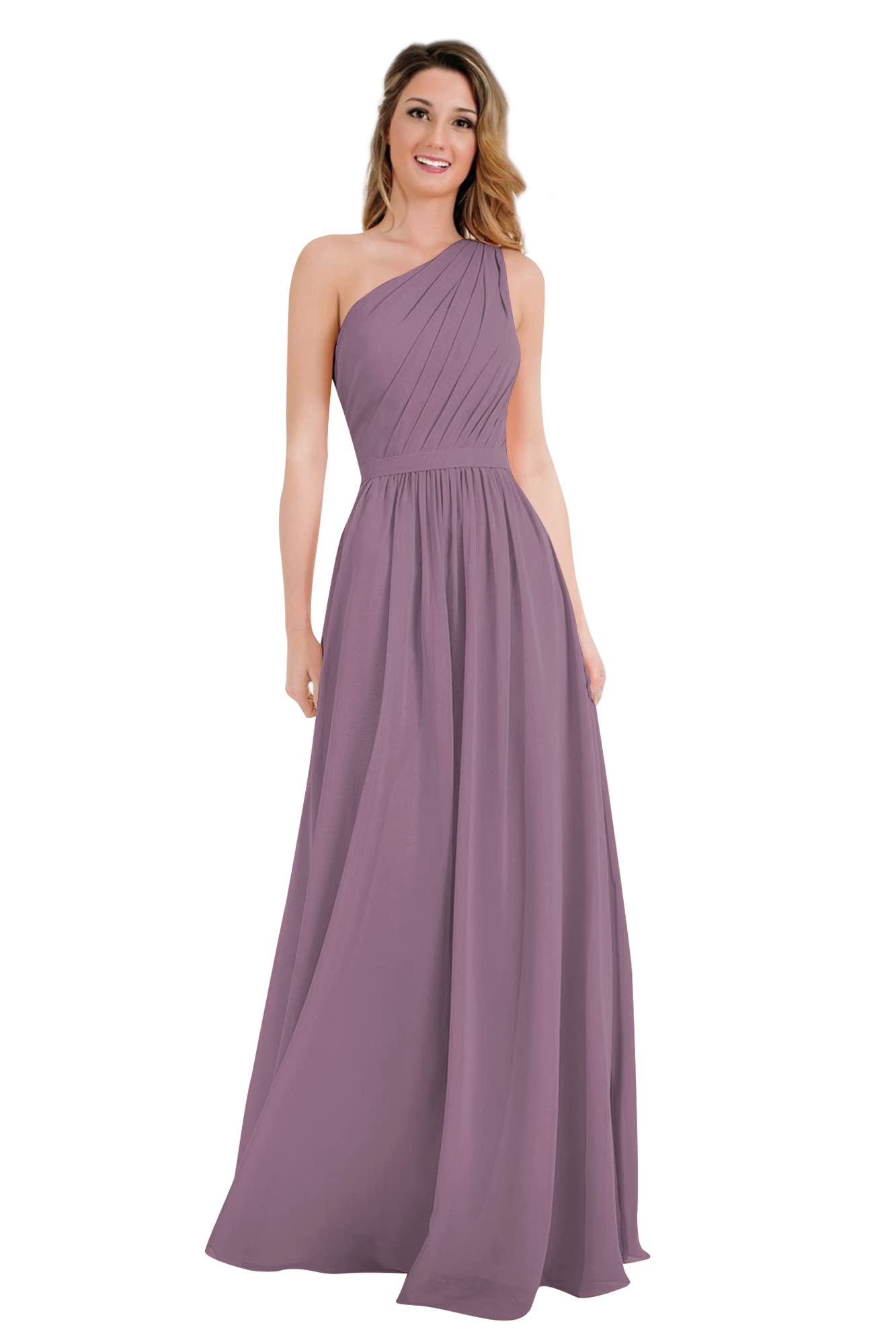 Elegant One Shoulder Long Chiffon Bridesmaid Dress with Pockets - A-Line Formal Evening Gown for Women | Perfect for Weddings, Proms, and Special Occasions