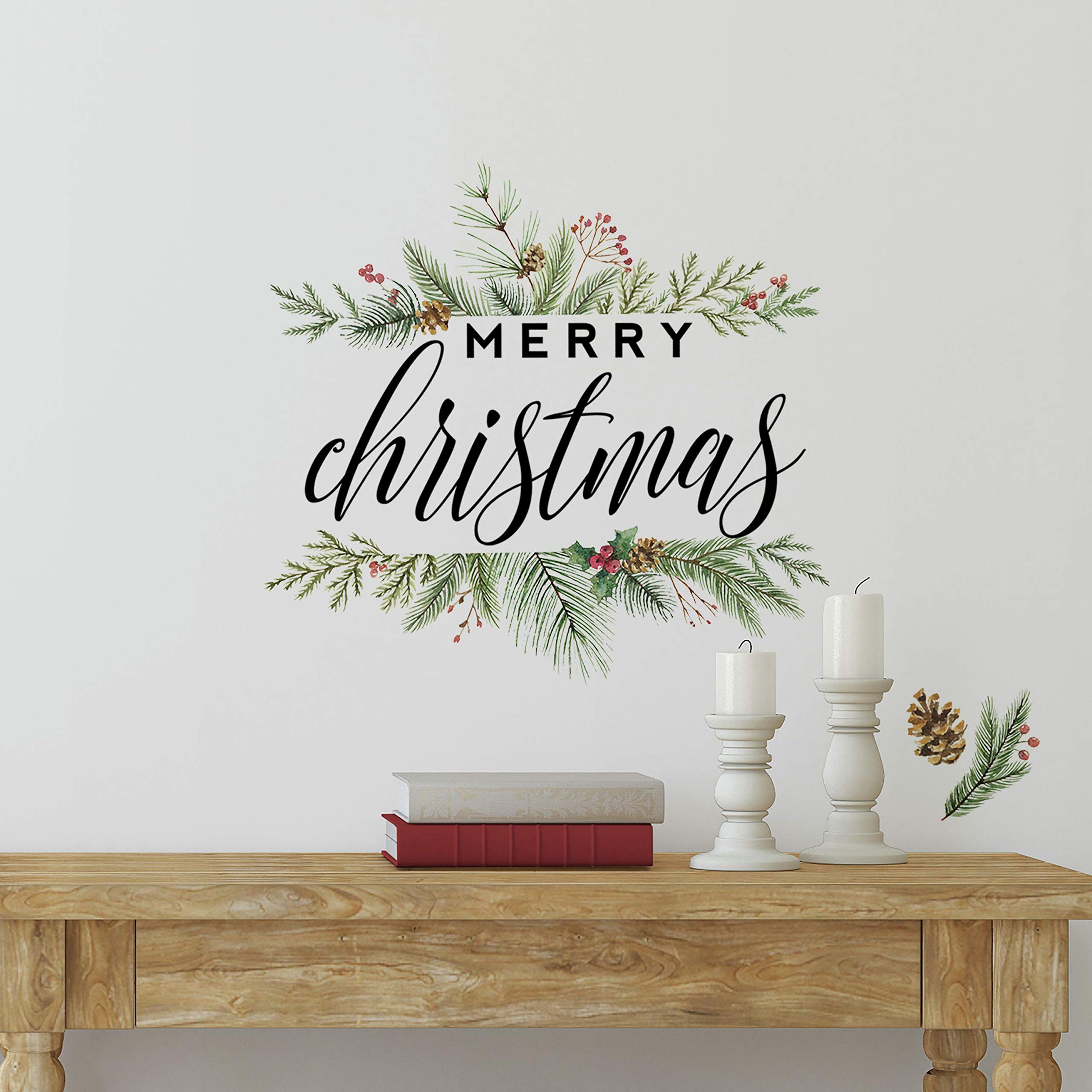 RoomMates RMK4480GM Merry Christmas Wreath Peel and Stick Wall Decals - Holiday Home Decor for Living Room, Bedroom & Office - Easy to Apply & Remove Seasonal Stickers