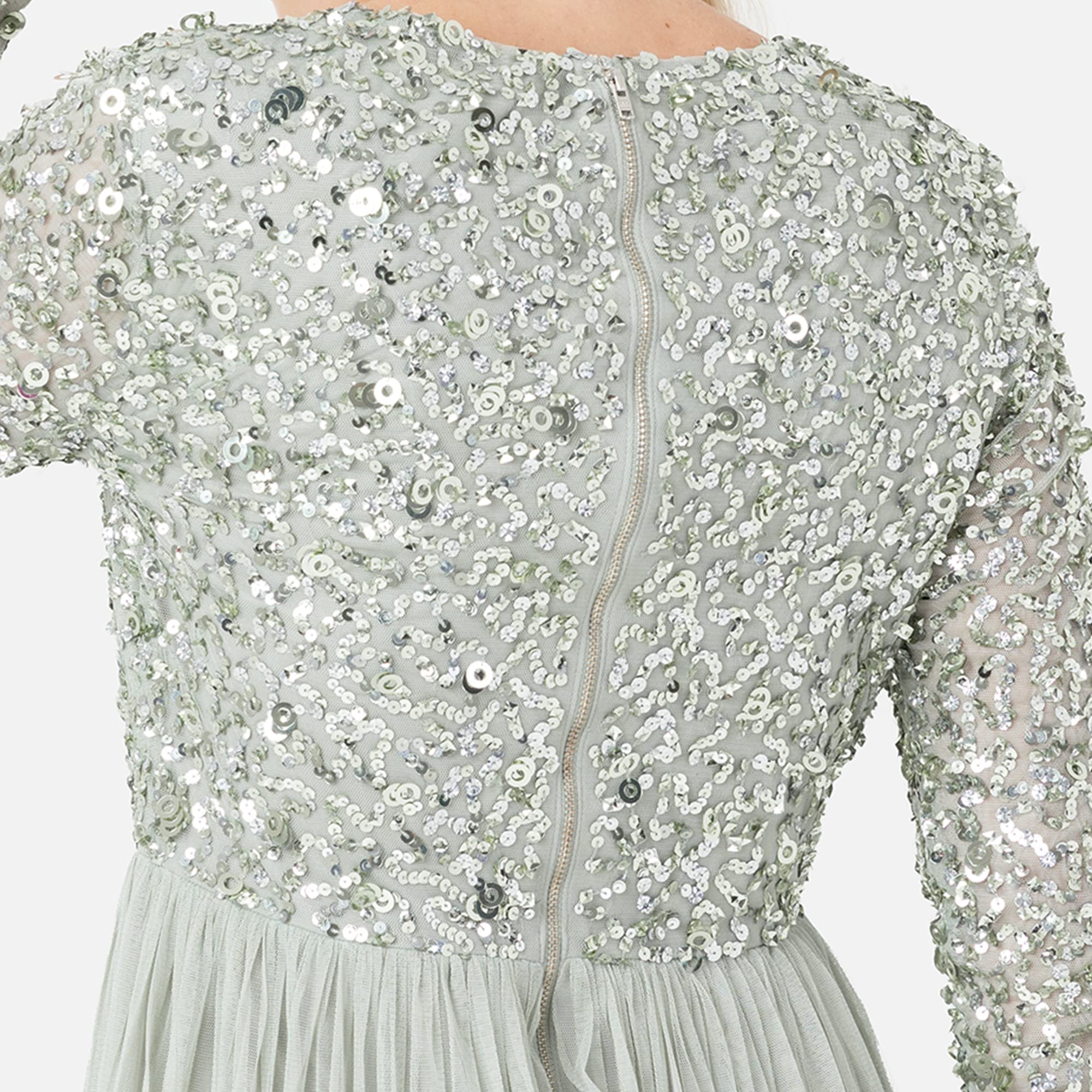 Elegant Long Sleeve V-Neck Sequin Embellished Maxi Dress for Women - Perfect for Wedding Guest, Bridesmaid, Prom & Evening Parties