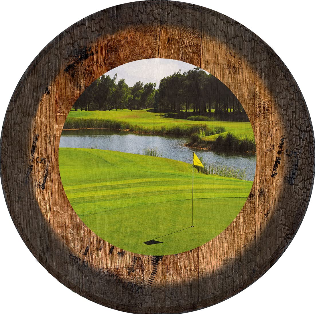 PS Prints Golf Course Greens Wall Art - Large Oak Whiskey Barrel Lid Decor for Man Cave, Sports Bar & Golf Clubhouse | Rustic Home & Office Decor