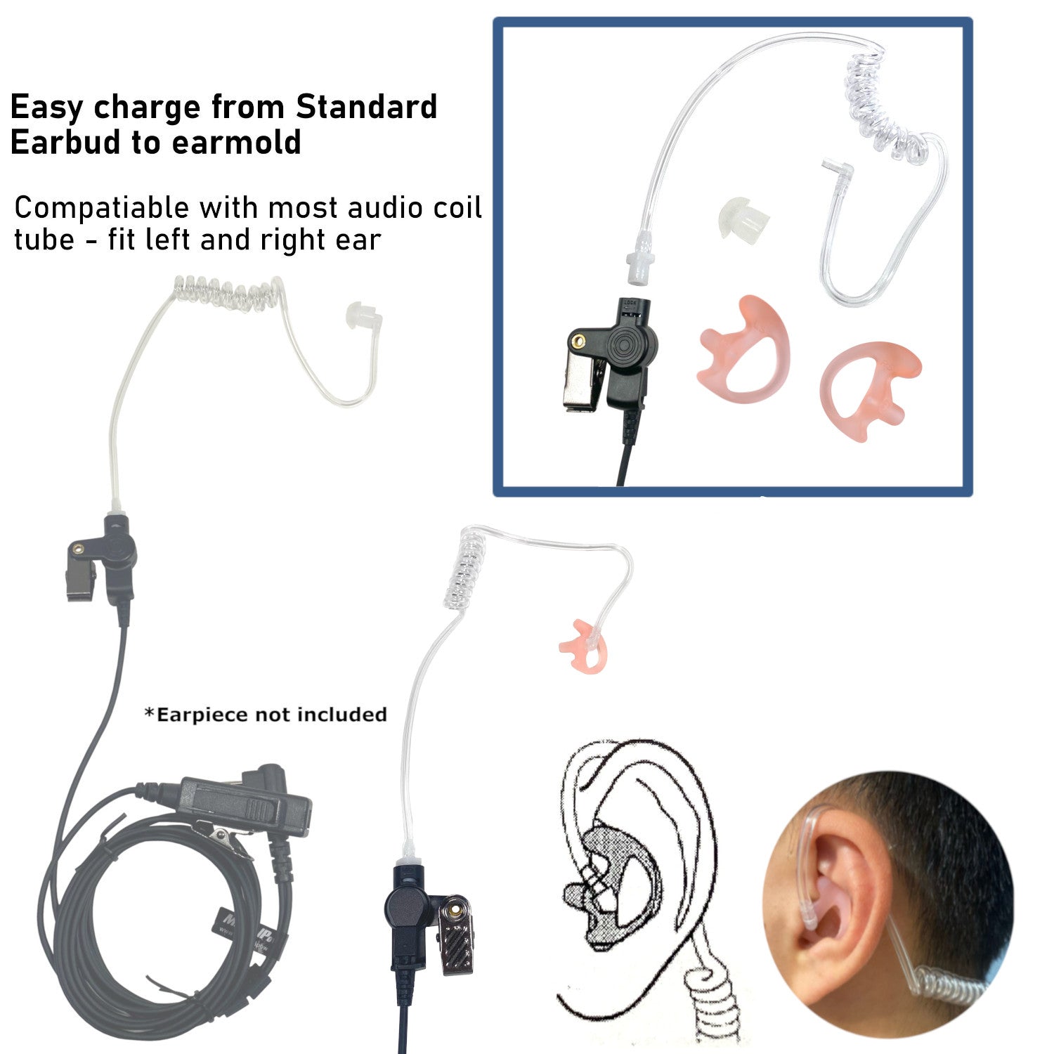 Beige LEFT Medium Silicone Earmold for Walkie Talkie & Two-Way Radio - Acoustic Tube Earpiece Replacement with Comfortable Ear Buds (Security, Construction, Event Staff Use)