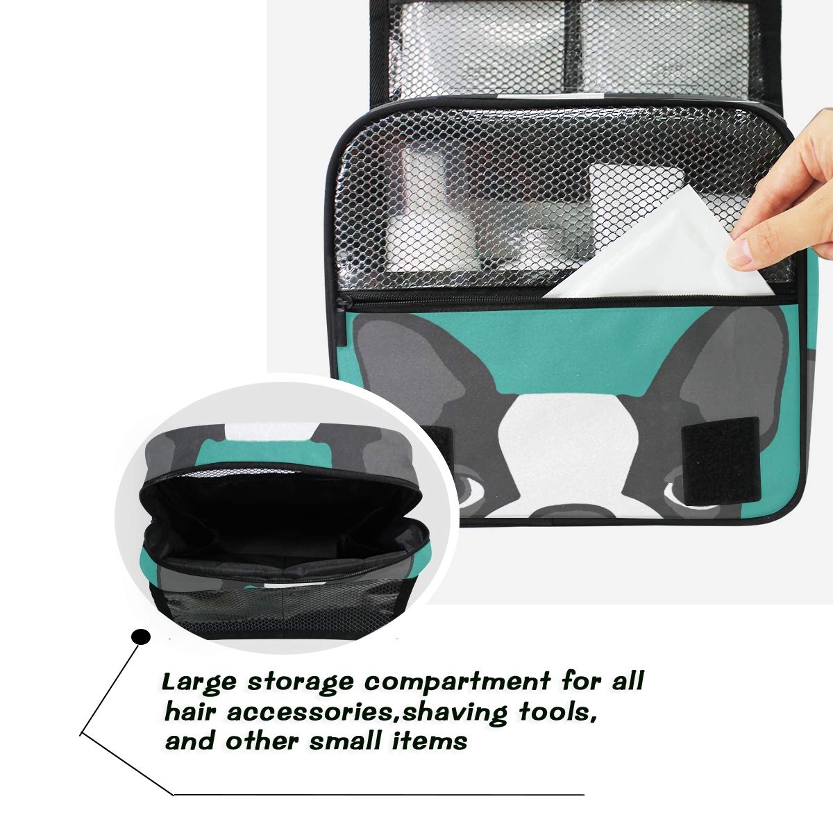 AUUXVA Travel Toiletry Bag - Waterproof Hanging Cosmetic Organizer with Zipper Pockets | Portable Makeup Bag for Women & Men | Perfect for Travel, Gym & Daily Use | Cute Boston Terrier Dog Design