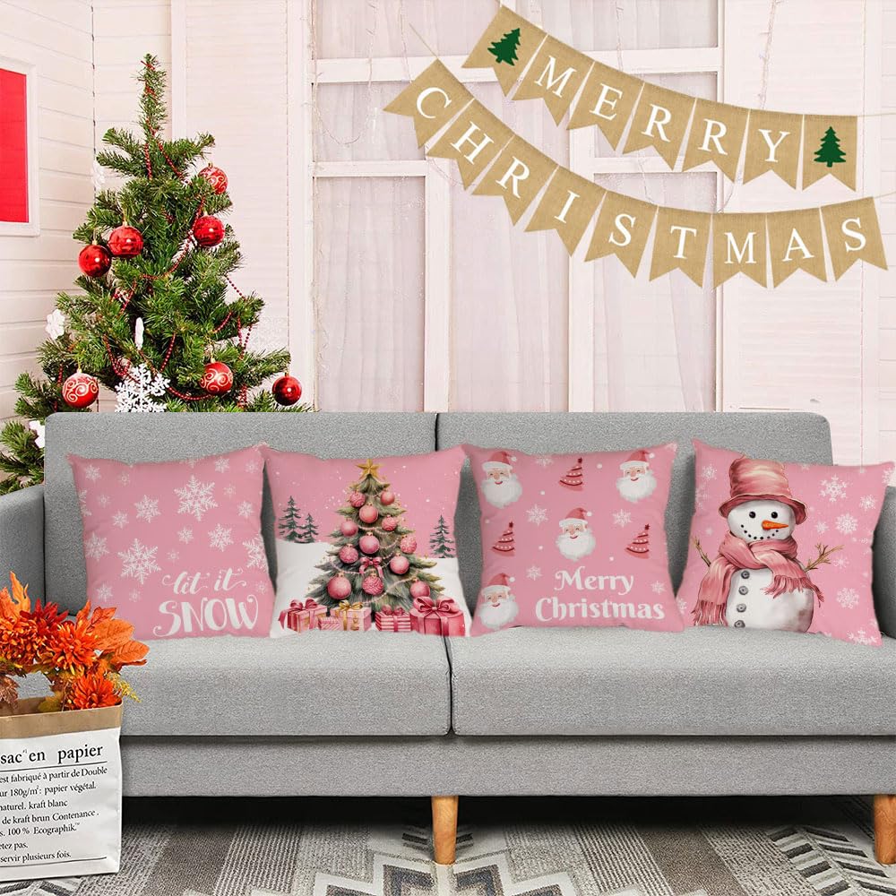Festive Christmas Pillow Covers Set of 4 - 22x22 Inch Velvet Holiday Throw Pillowcases with Christmas Tree & Snowman Designs in Pink - Perfect for Sofa, Couch, Bed & Outdoor Decor During Winter Holidays
