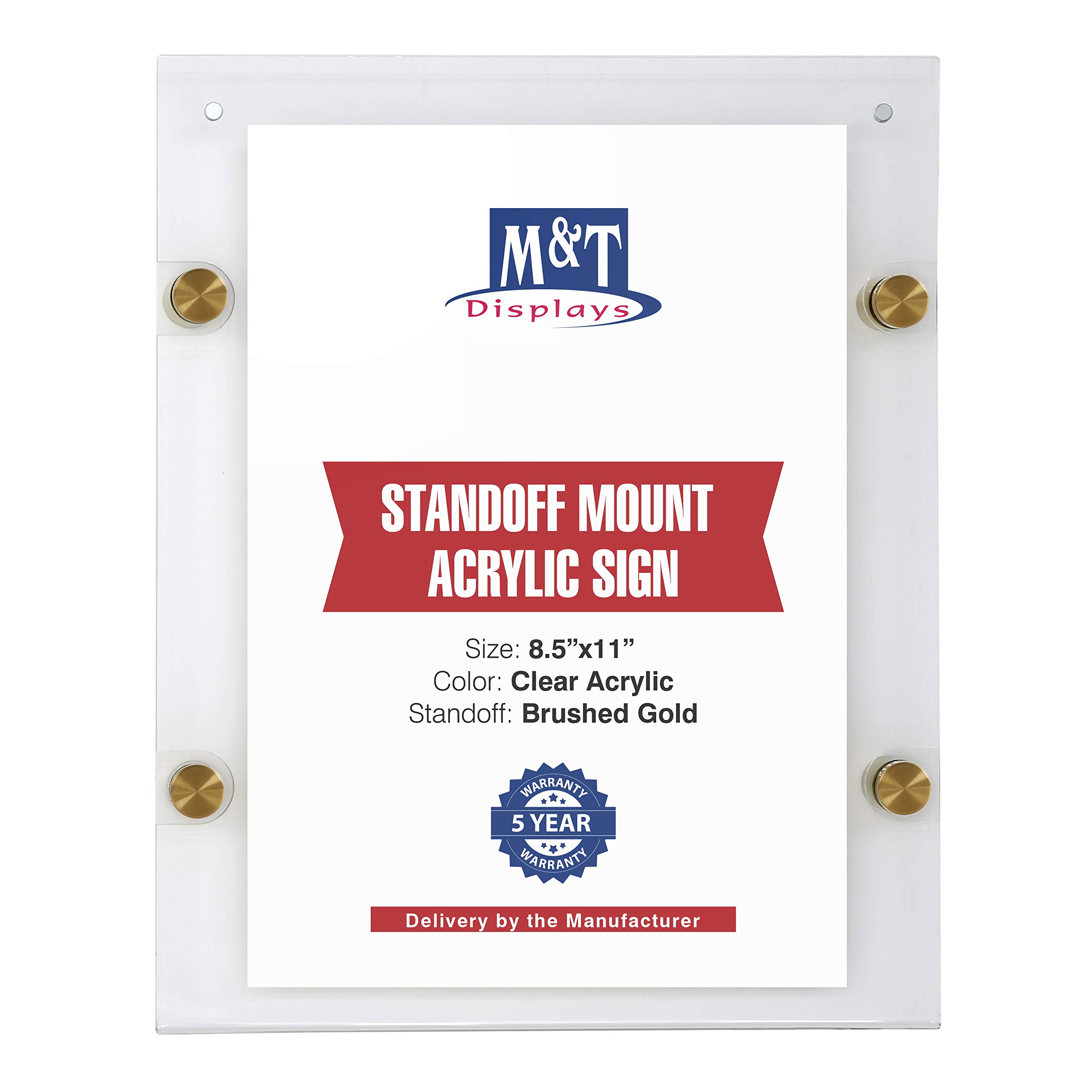Floating Acrylic Picture Frame 8.5x11 - Frameless Wall Mount Display with Gold Standoff Hardware & Magnets for Photos, Posters, Certificates - Perfect for Home Office, Gallery Wall & Diploma Display