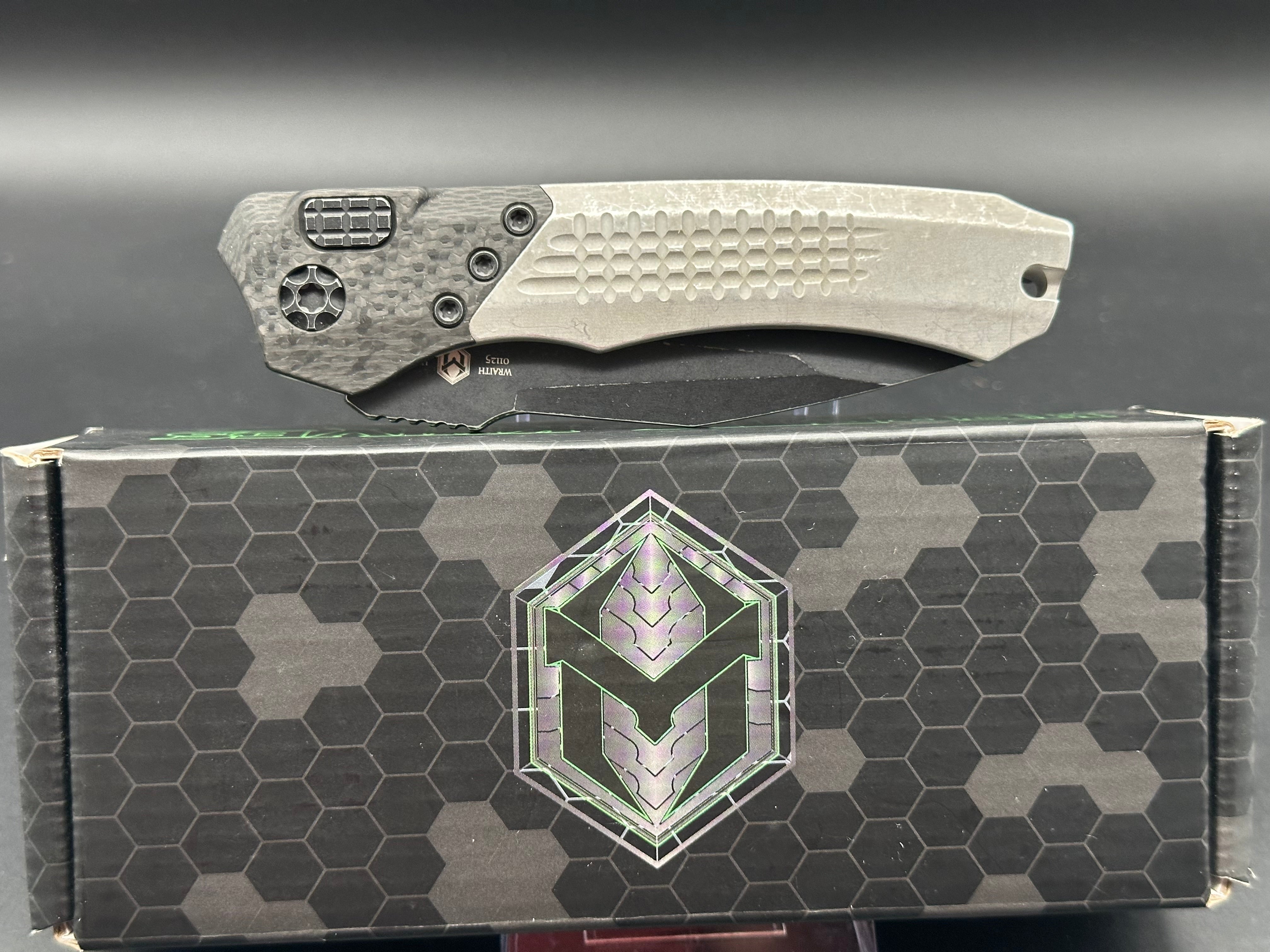 Heretic Knives Wraith Auto Tanto Folding Knife - Elmax Steel Blade, Battleworn Finish, Integral Bolster - Perfect for EDC, Outdoor Survival & Tactical Use