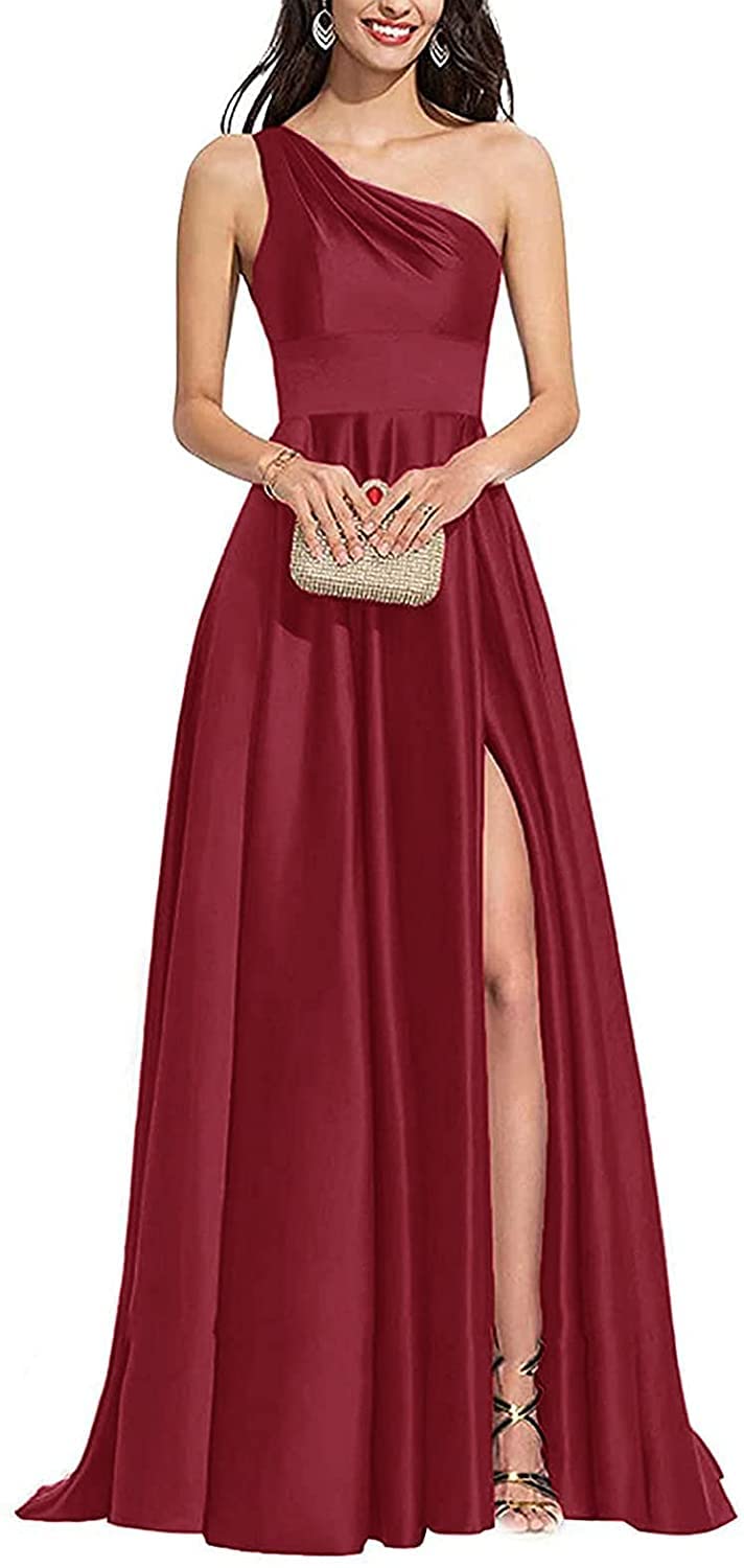 Elegant One Shoulder V-Neck Satin Bridesmaid Dress with High Slit - Women's Formal Evening Gown for Weddings, Parties & Special Occasions