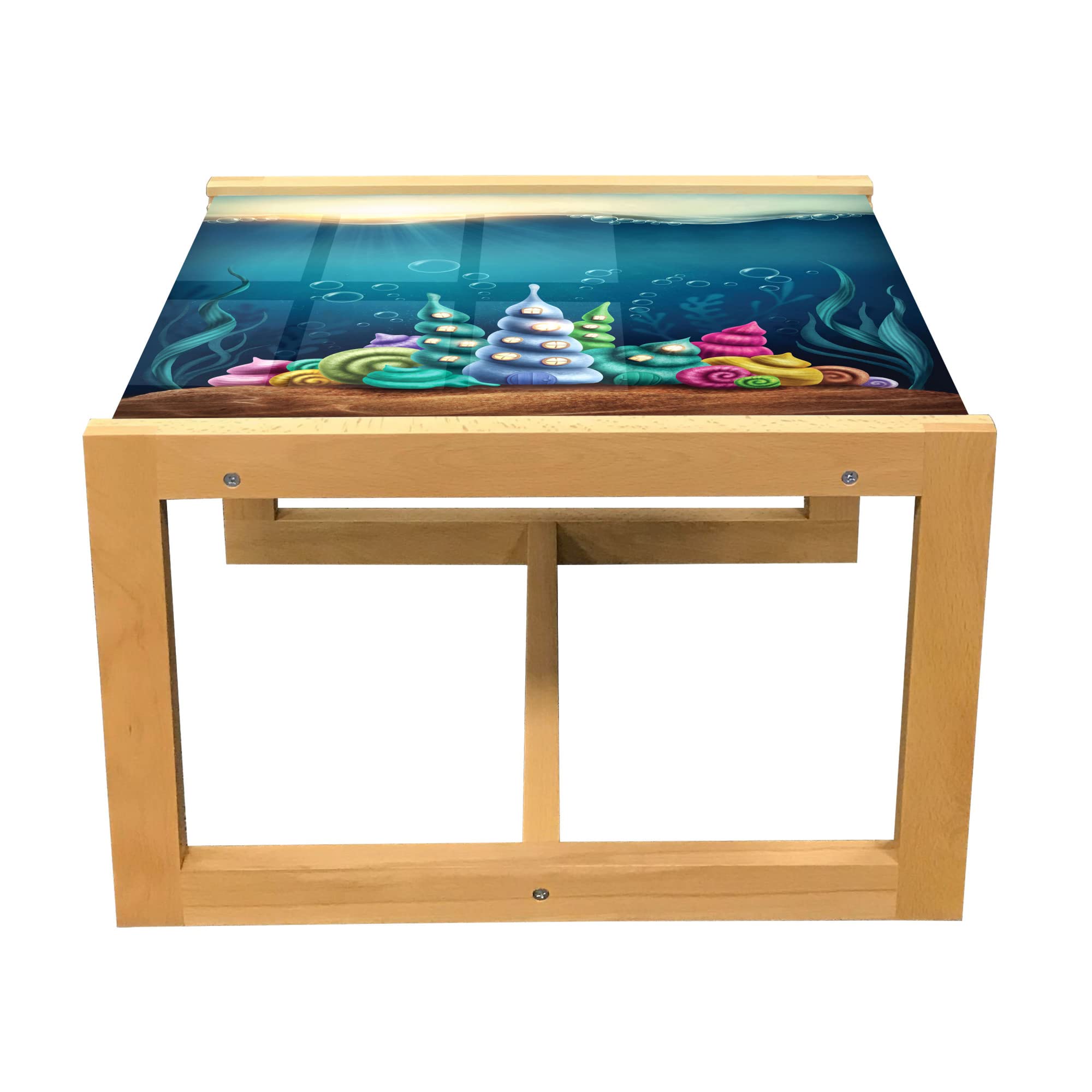 Ambesonne Ocean Themed Coffee Table - Underwater Fantasy Kingdom with Shell Houses & Water Bubbles Cartoon Print, Acrylic Glass Top with Wooden Frame, Small Teal Brown - Perfect for Offices, Dorms, Living Rooms & Coastal Decor