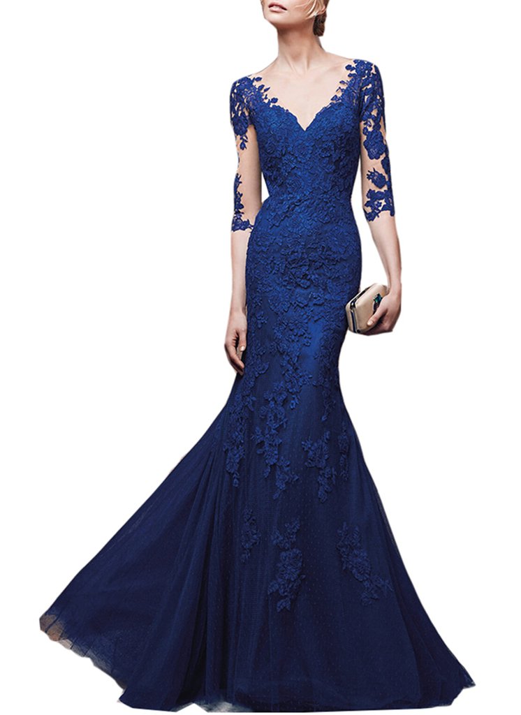 Emanni Women's Long Sleeve V-Neck Mermaid Evening Gown - Formal Prom Dress in Navy Blue Size 6 | Perfect for Weddings, Galas & Special Occasions